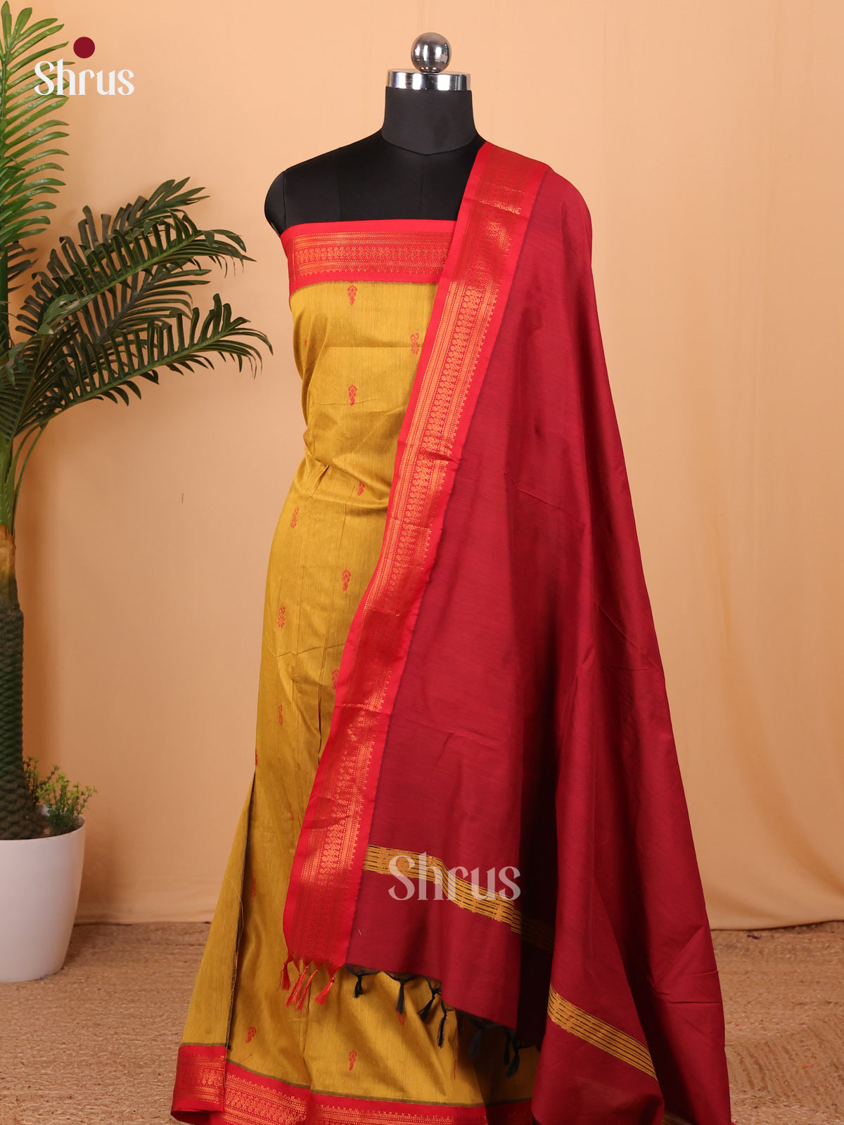 Mustard & Maroon Kalyani Cotton Unstitched Top & Dupatta - MDA22001 - Shop on Shrus.com