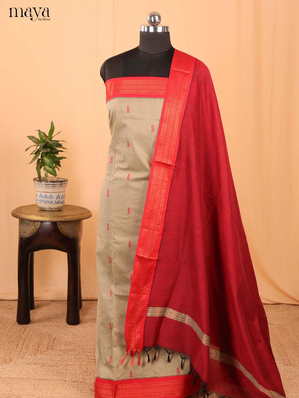 Grey & Maroon Kalyani Cotton Unstitched Top & Dupatta- MDA22007 - Shop on Shrus.com