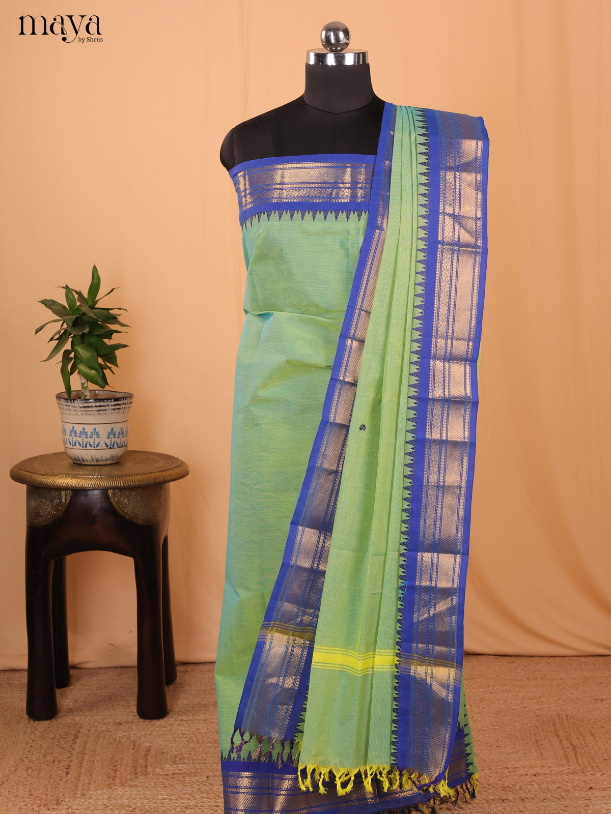Green & Blue - Chettinad Cotton Unstitched Top & Dupatta- MDA24002 - Shop on Shrus.com
