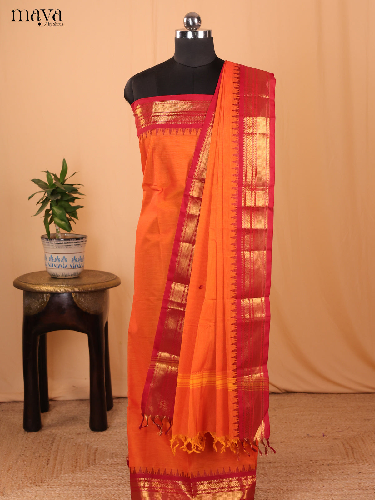 Orange & Red - Chettinad Cotton Unstitched Top & Dupatta - MDA24007 - Shop on Shrus.com