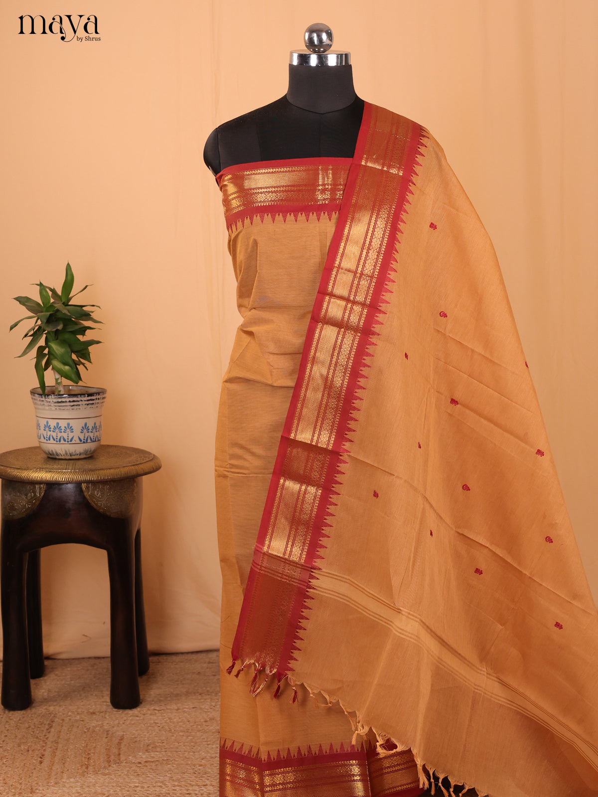 Sandal & Red-Chettinad Cotton Unstitched Top & Dupatta - MDA24009 - Shop on Shrus.com
