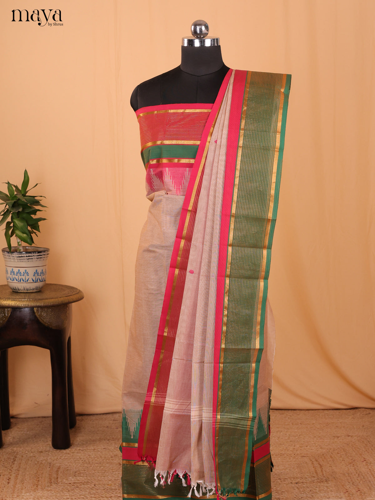 Grey & Green -Chettinad Cotton Unstitched Top & Dupatta - MDA24012 - Shop on Shrus.com
