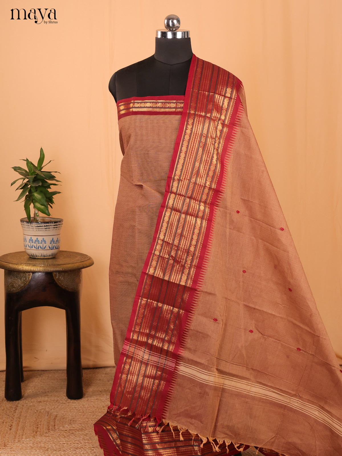 Light Brown & Red- Chettinad Cotton Unstitched Top & Dupatta - MDA24013 - Shop on Shrus.com
