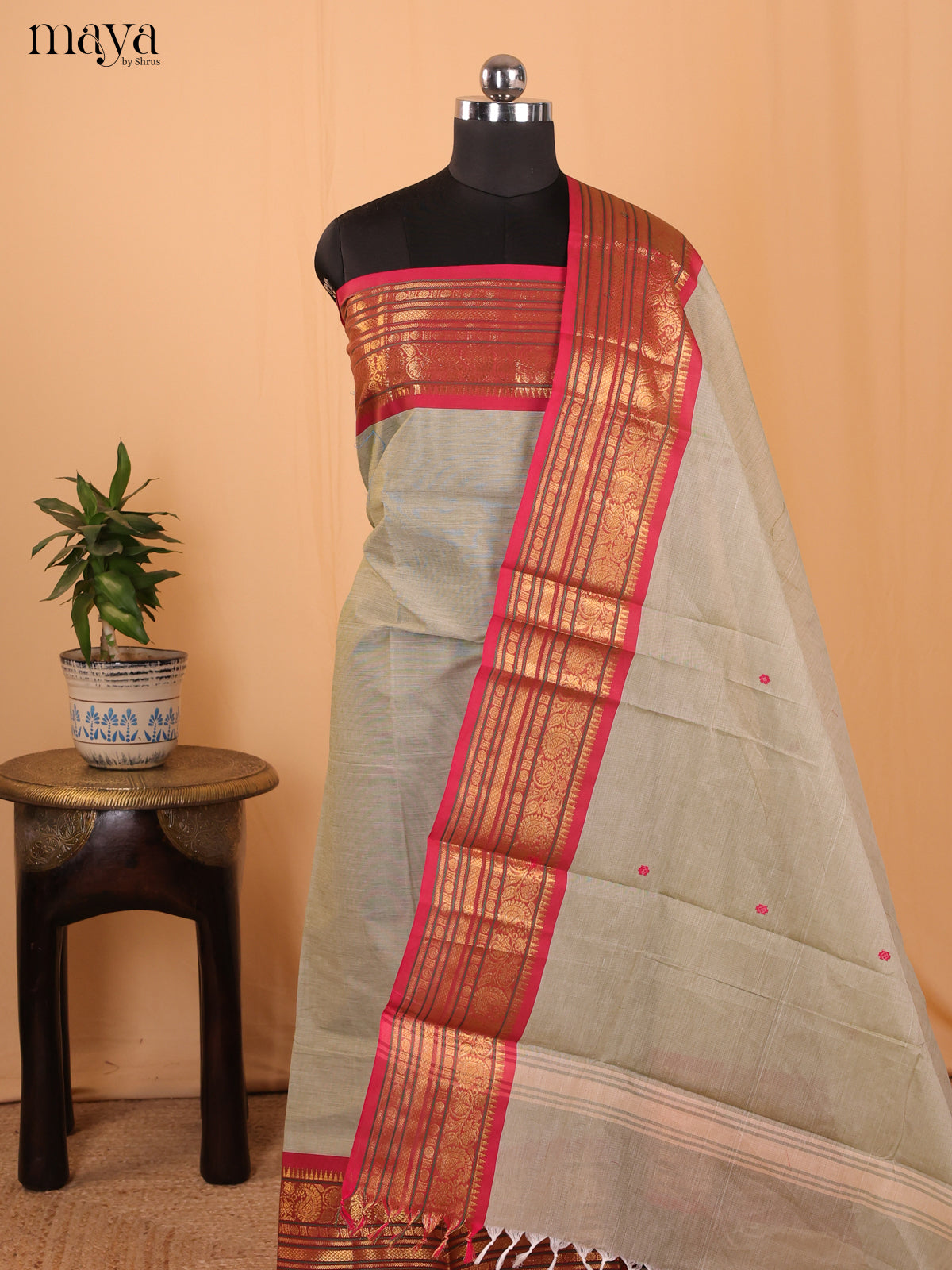 Grey & Red - Chettinad Cotton Unstitched Top & Dupatta- MDA24014 - Shop on Shrus.com