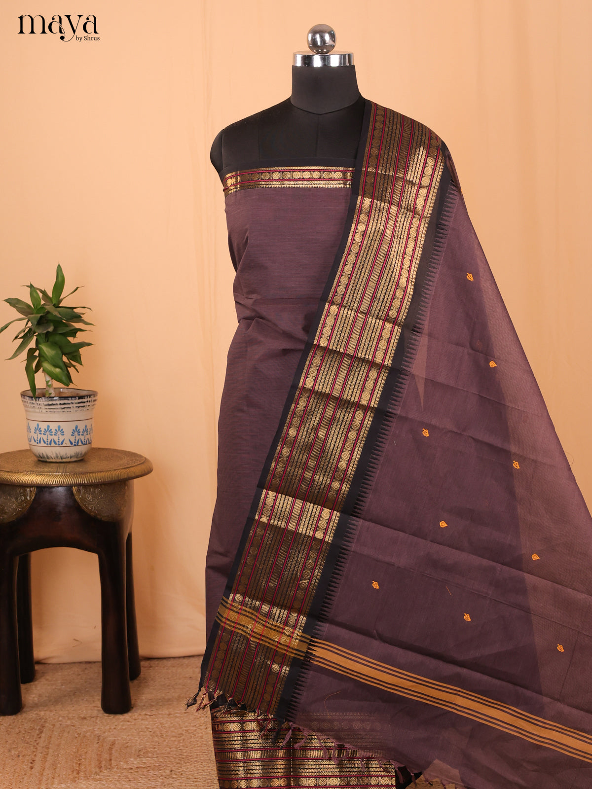 Mauve & Black - Chettinad Cotton Unstitched Top & Dupatta - MDA24018 - Shop on Shrus.com