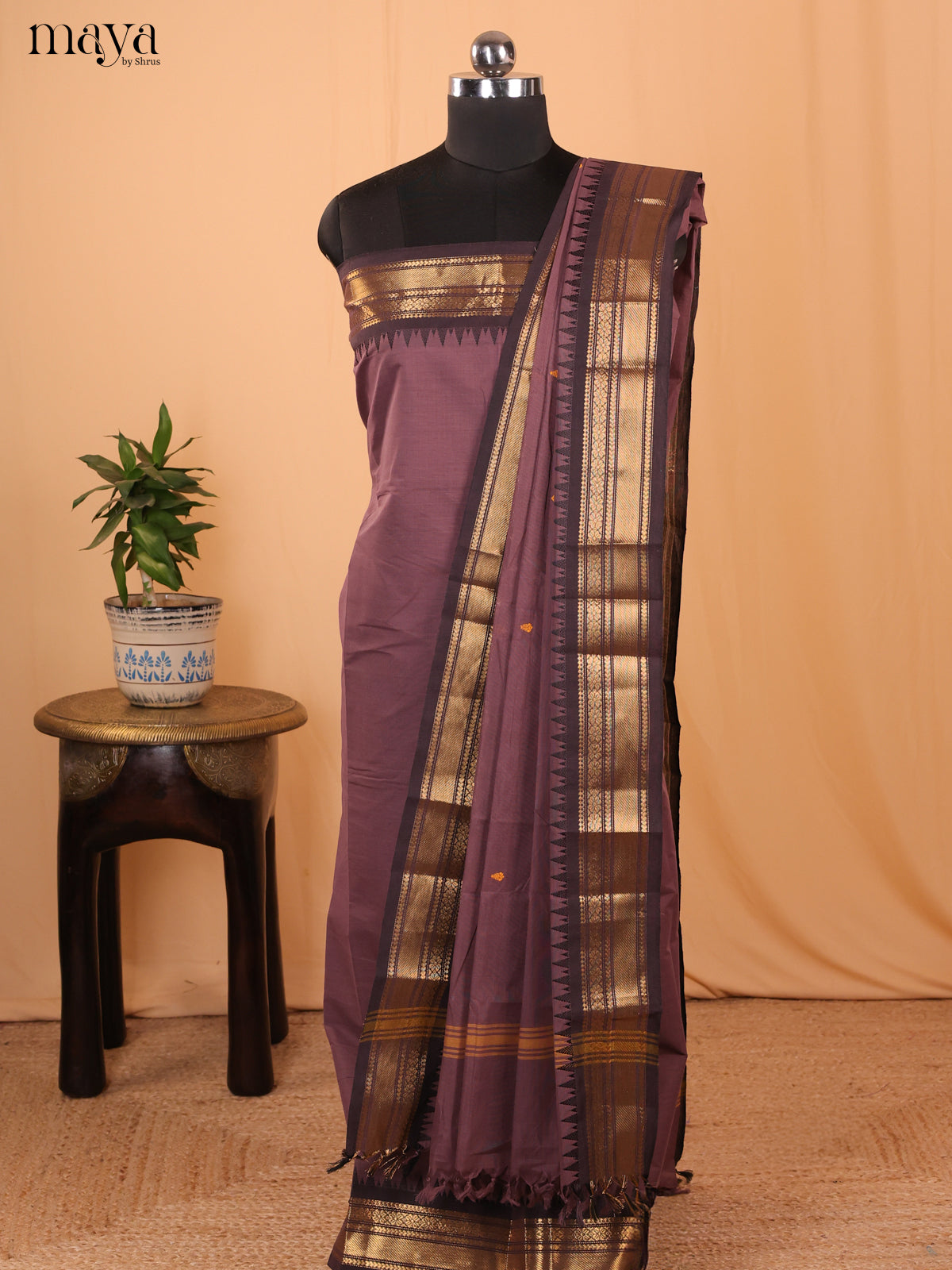 Mauve & Black - Chettinad Cotton Unstitched Top & Dupatta - MDA24022 - Shop on Shrus.com