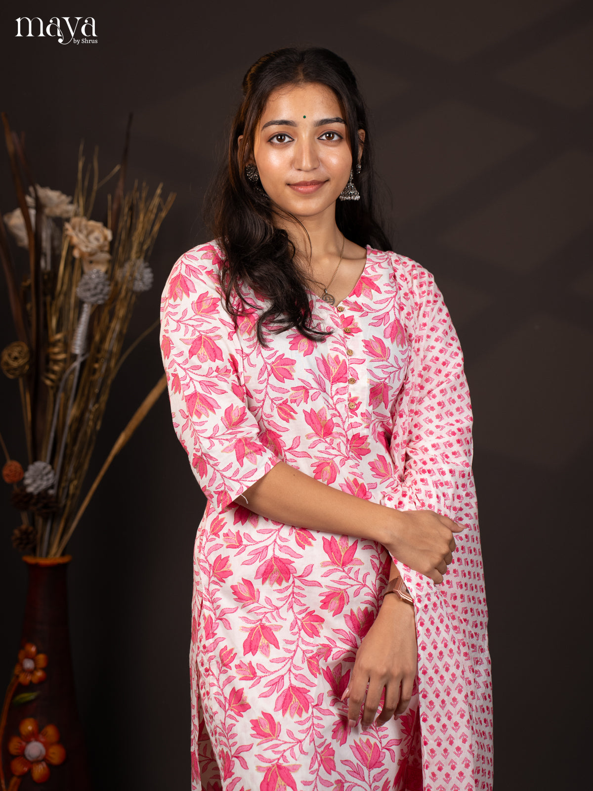 White with Pink Cotton 3Pc Salwar with Floral Print - Top, Bottom & Dupatta - Shop on Shrus.com