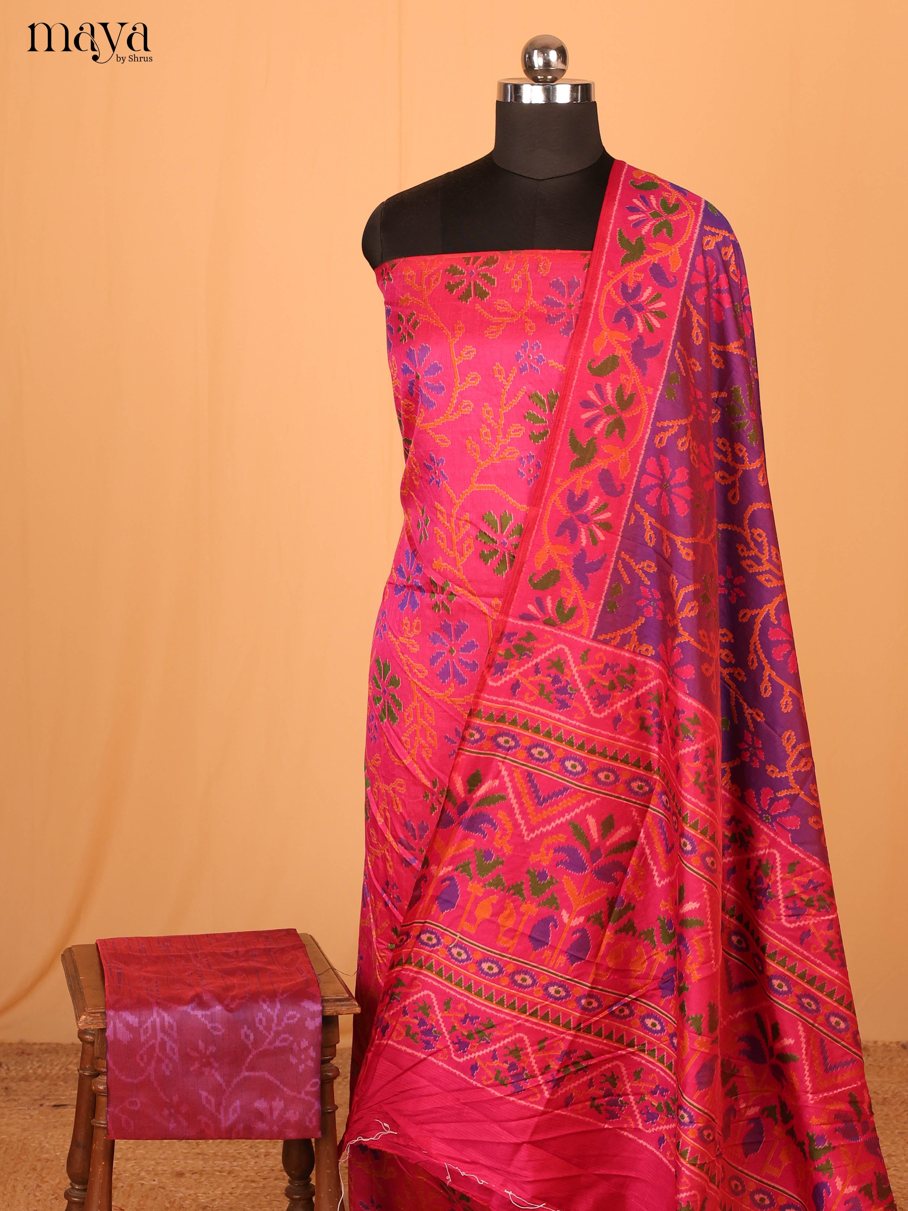 Pink & Purple Semi Patola Unstitched Top, Bottom & Dupatta -MDB04001 - Shop on Shrus.com