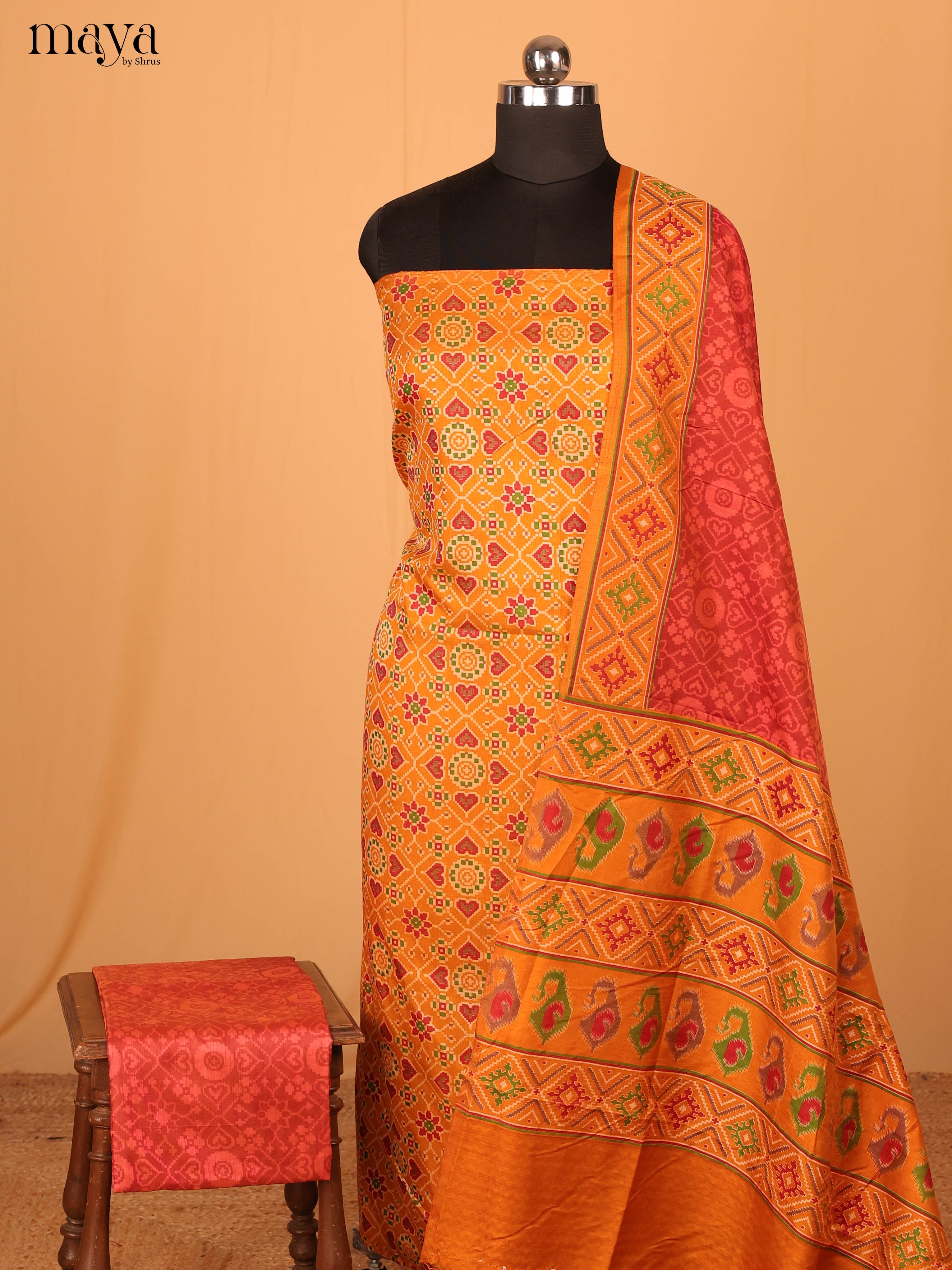 Mustard Yellow & Pink Semi Patola Unstitched Top, Bottom & Dupatta - MDB04004 - Shop on Shrus.com