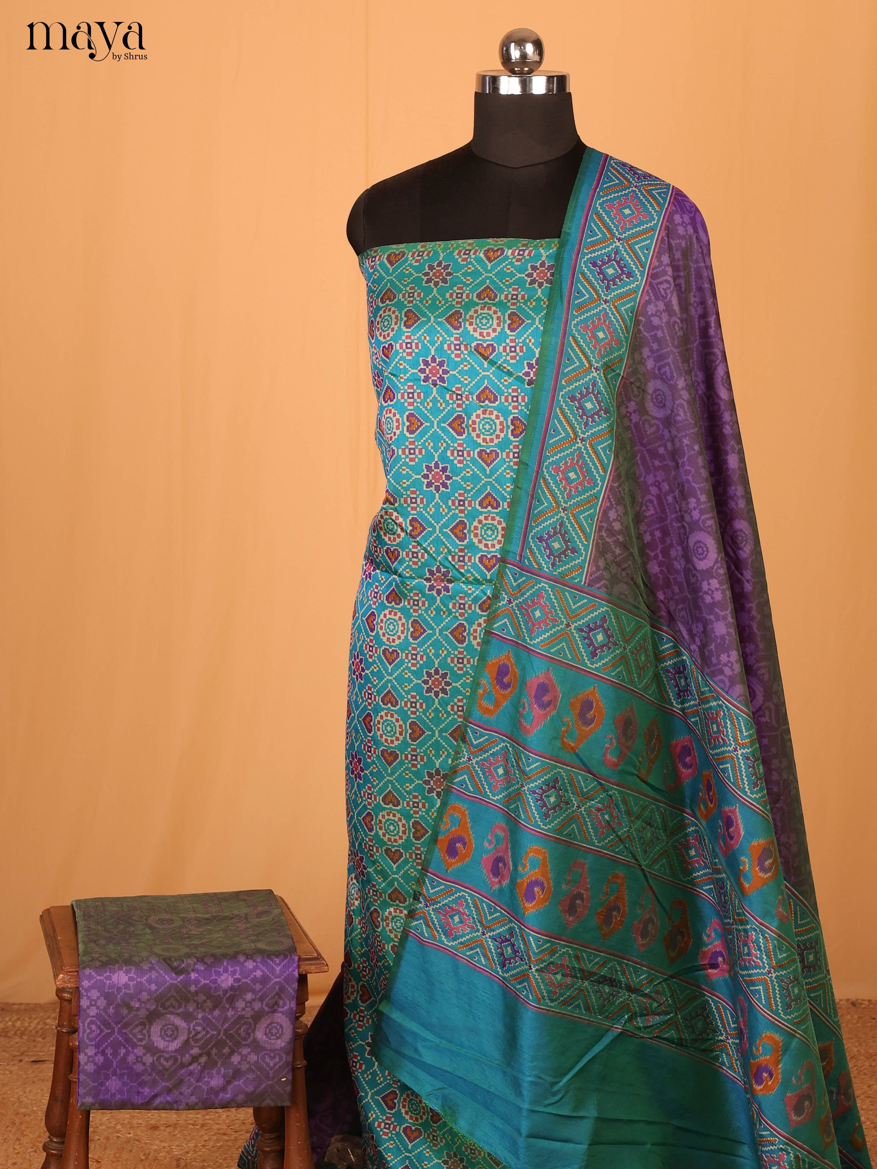 Blue & Violet Semi Patola Unstitched Top, Bottom & Dupatta -MDB04007 - Shop on Shrus.com