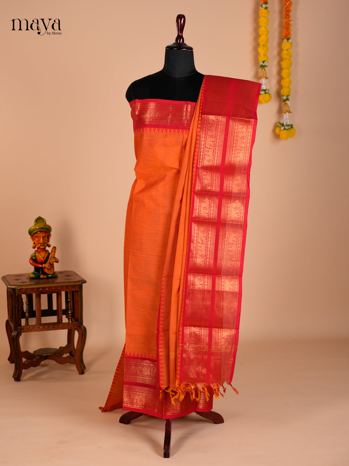 Orange & Red Chettinad Cotton Unstitched Top & Dupatta- MDB20002