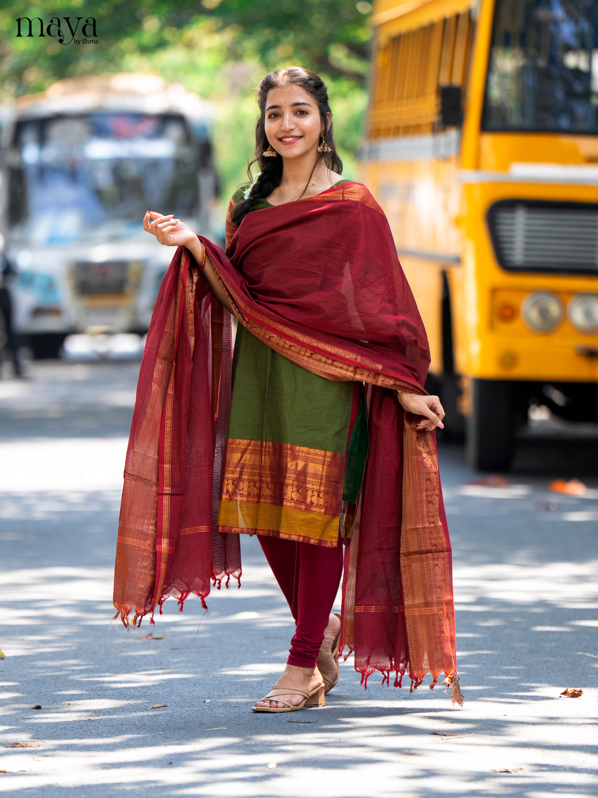 Mehandi Green & Maroon Chettinad Unstitched Top & Dupatta - MDB20004