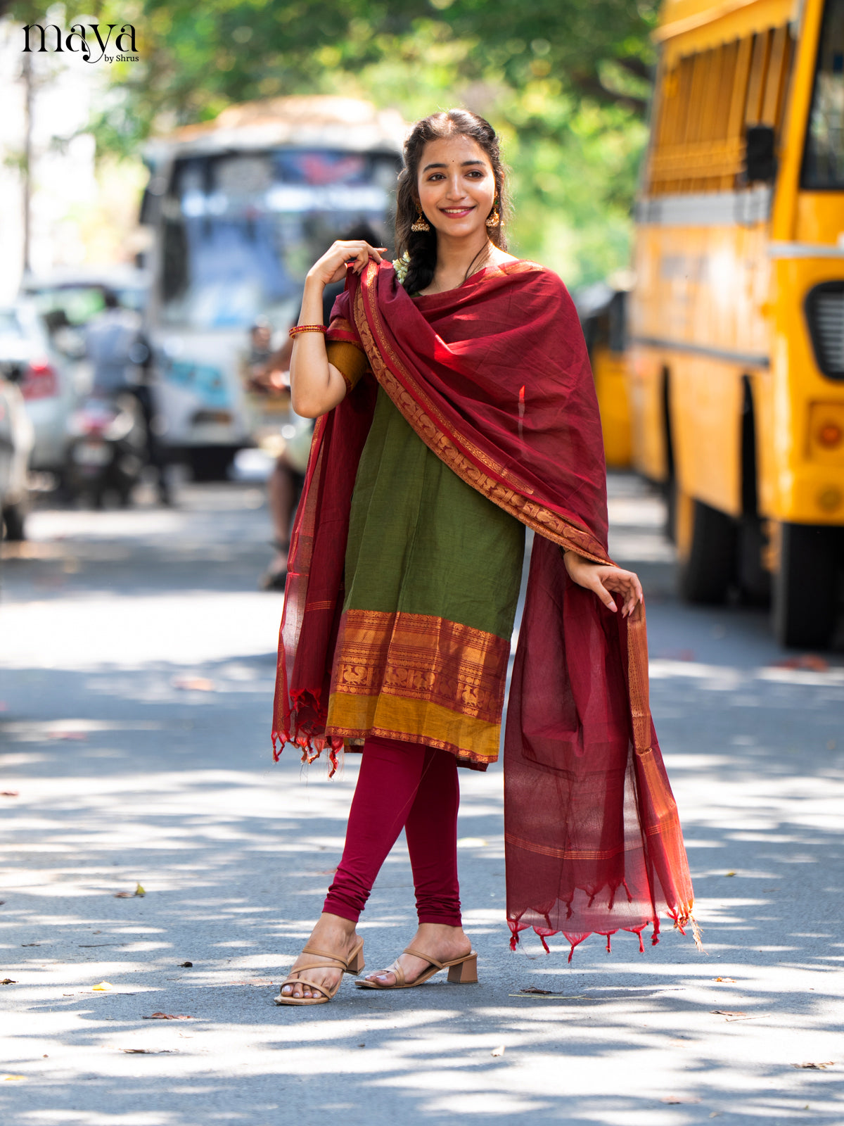 Mehandi Green & Maroon Chettinad Unstitched Top & Dupatta - MDB20004
