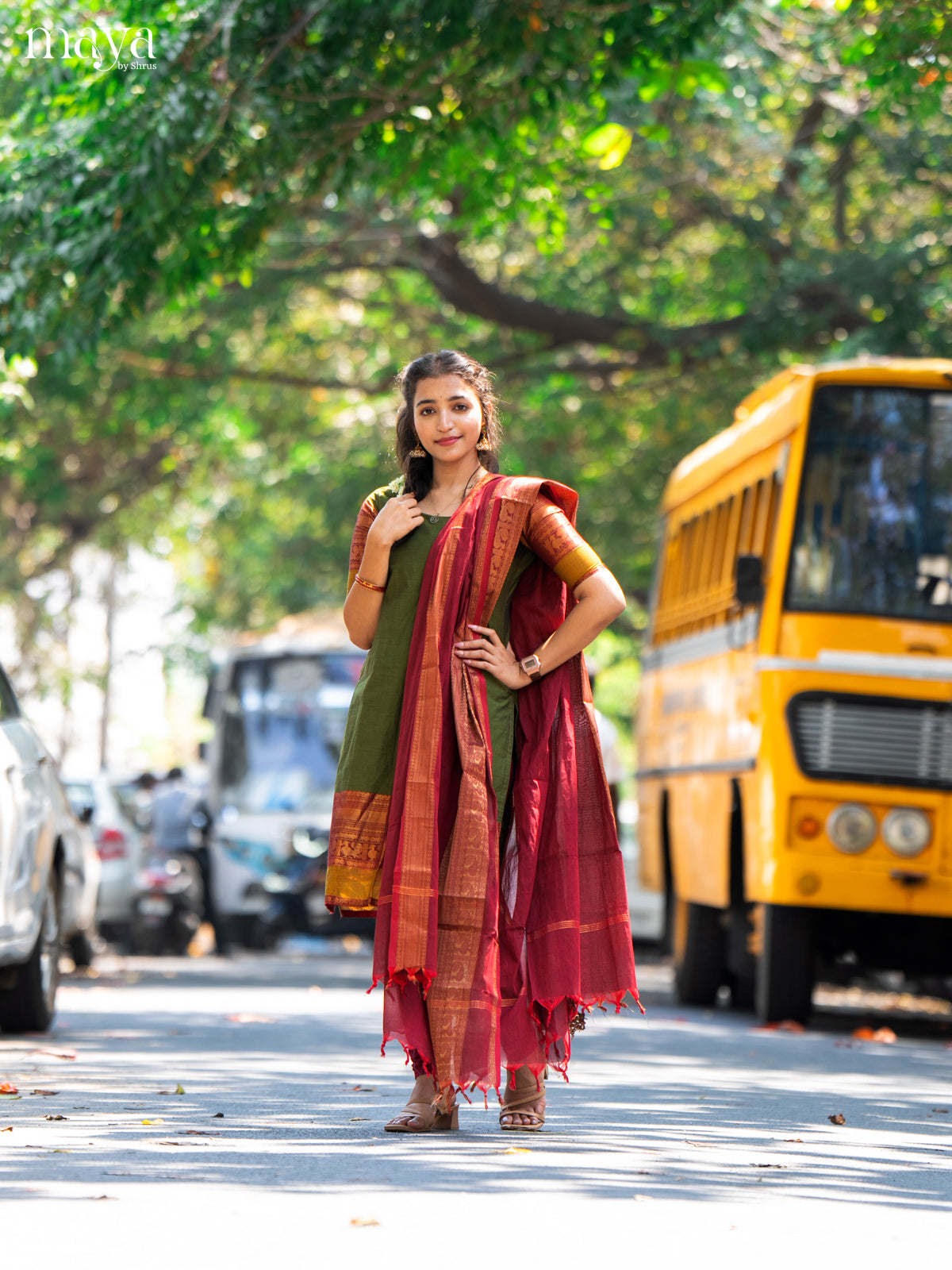 Mehandi Green & Maroon Chettinad Unstitched Top & Dupatta - MDB20004