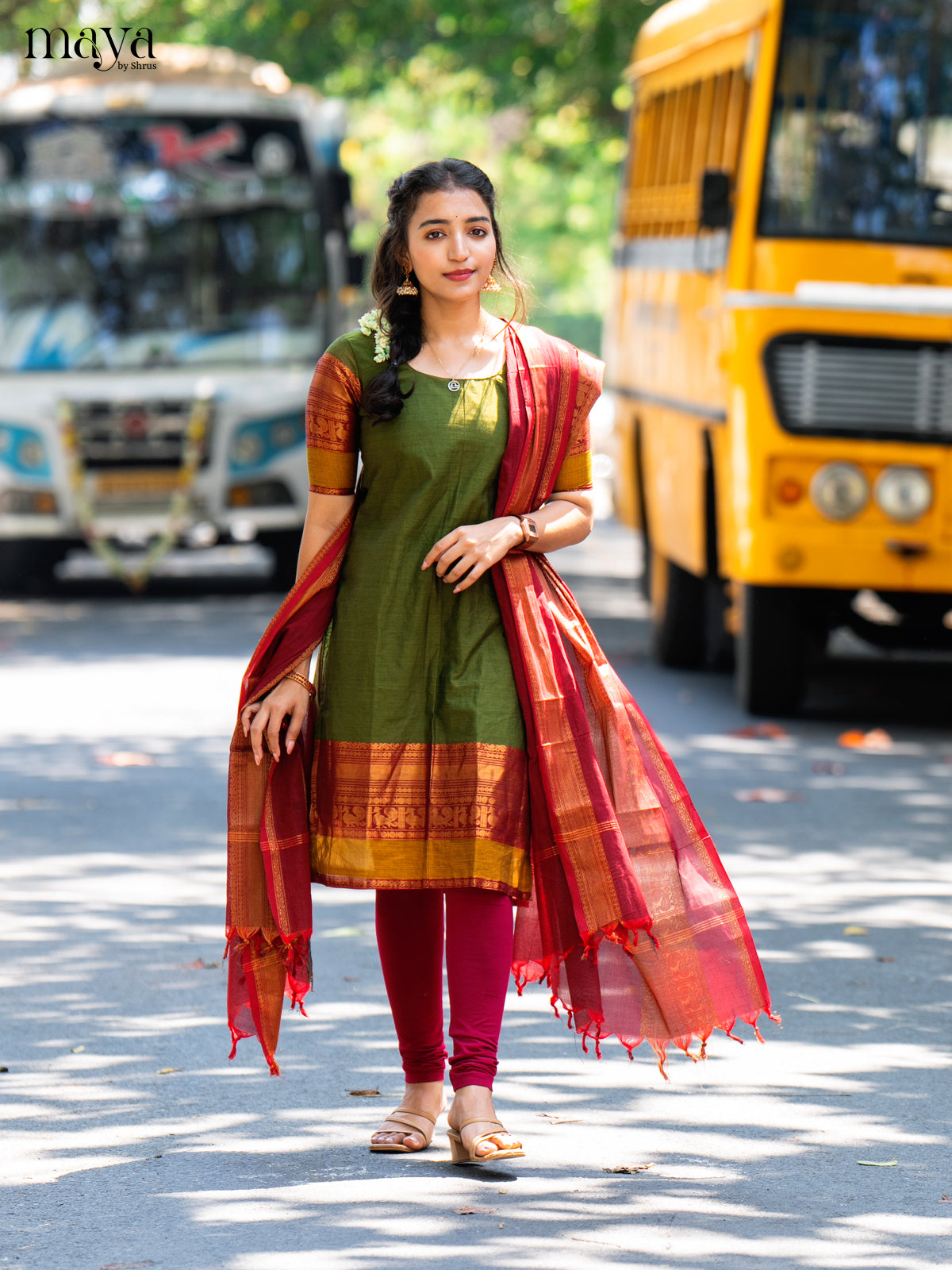 Mehandi Green & Maroon Chettinad Unstitched Top & Dupatta - MDB20004