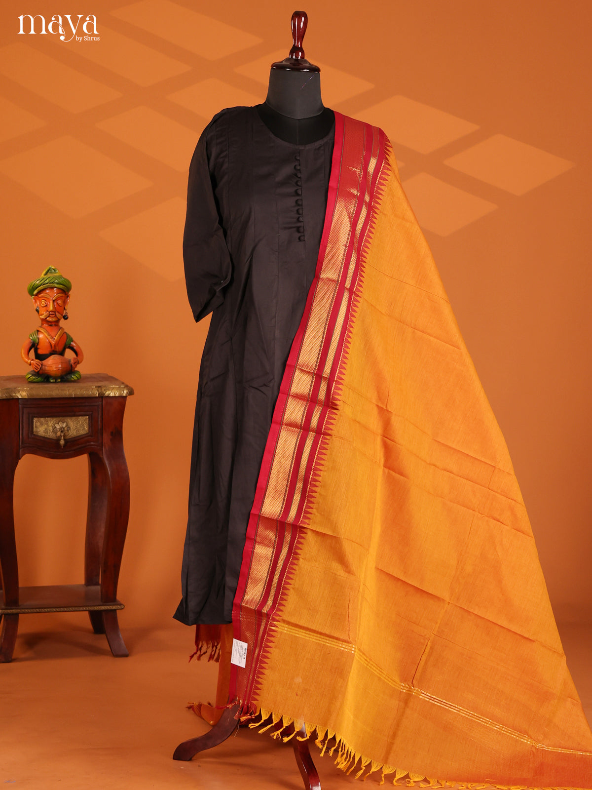 Bright Mustard Chettinad cotton Dupatta with Red zari border