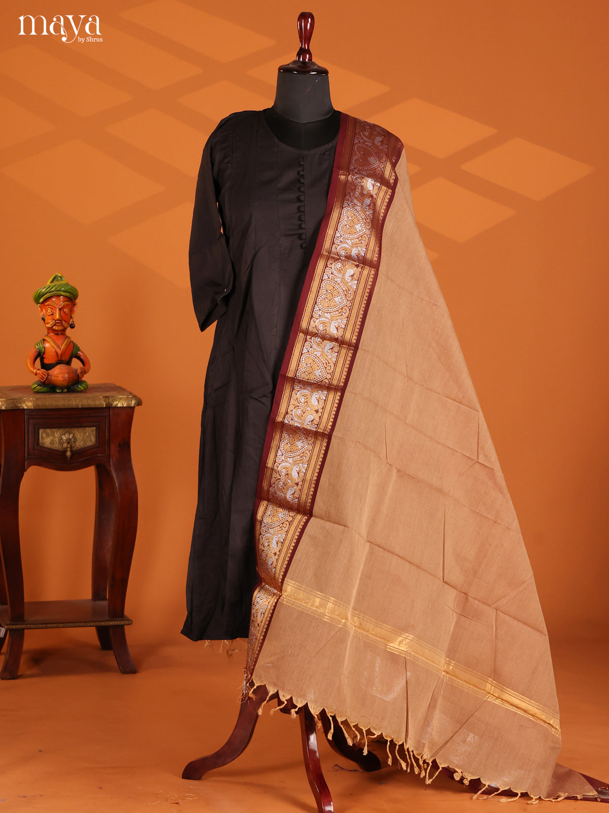 Elegant Beige Chettinad Dupatta with Maroon zari border