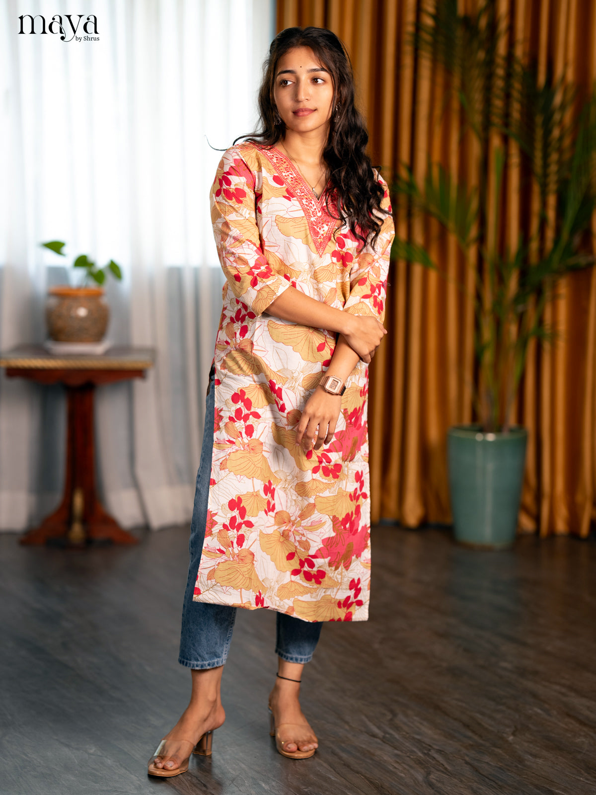 White with Pink Floral Printed Cotton Straight Kurti
