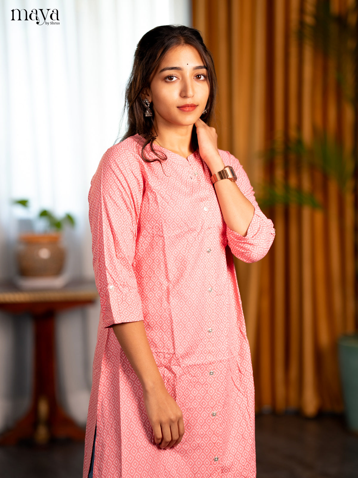 Baby pink Geometric Printed Rayon A - Line Kurti