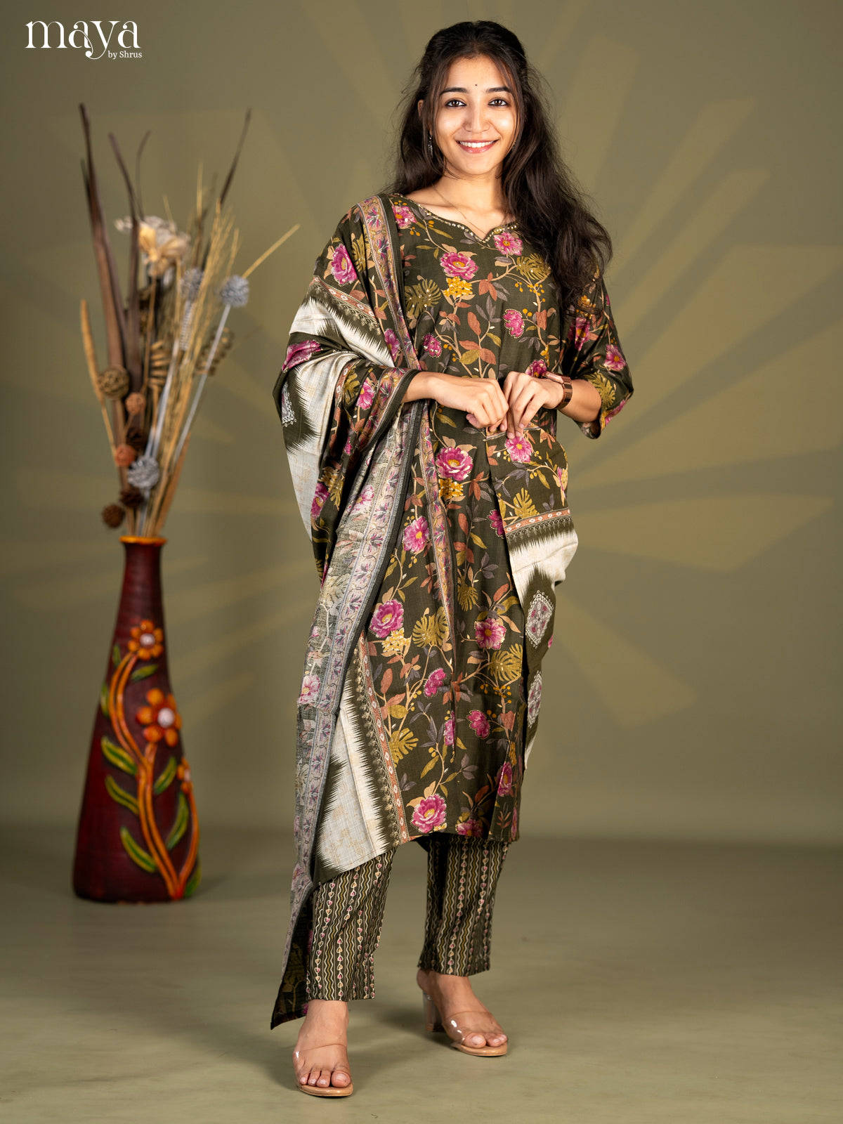 Army Green Cotton 3pc Salwar Suit with Floral Print - Top, Bottom & Dupatta