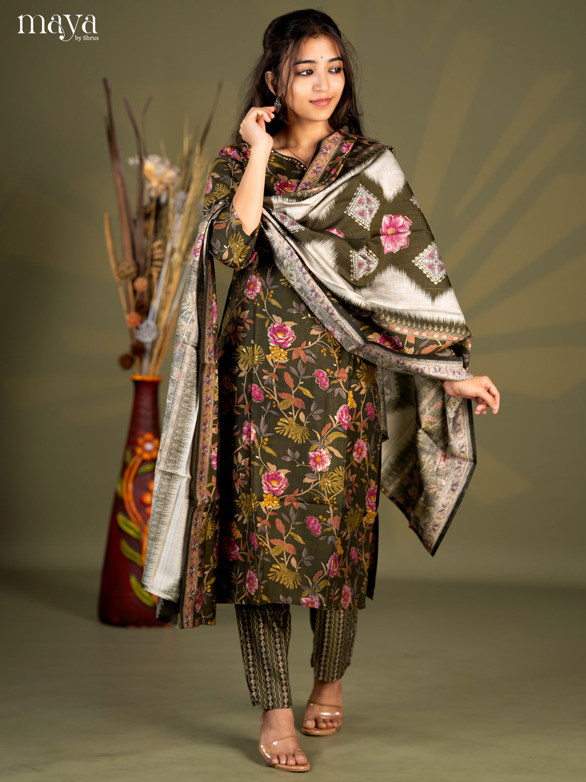 Army Green Cotton 3pc Salwar Suit with Floral Print - Top, Bottom & Dupatta