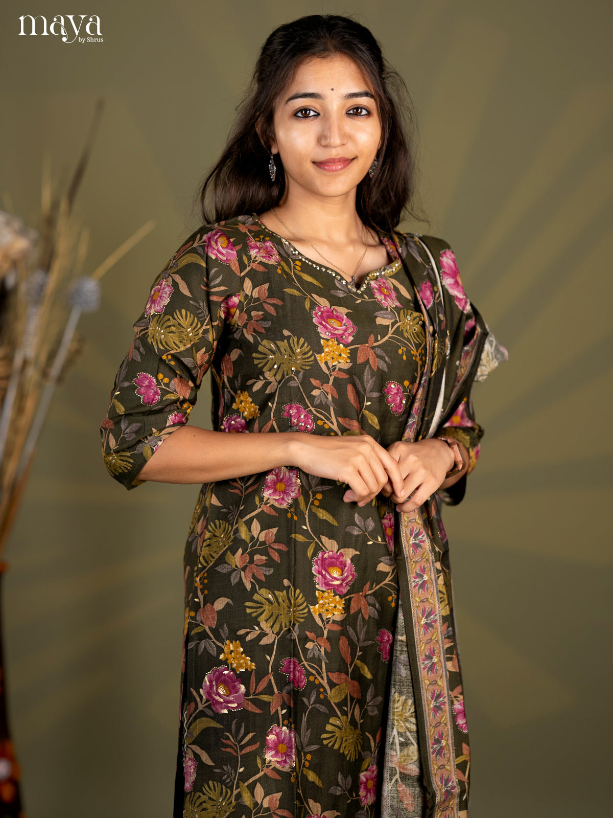 Army Green Cotton 3pc Salwar Suit with Floral Print - Top, Bottom & Dupatta