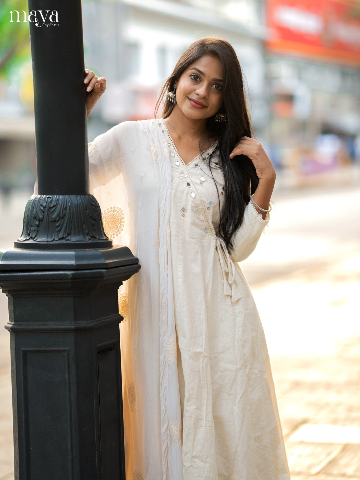 Cream Cotton 3pc Salwar Suit with Solid Mirror - Top, Bottom & Dupatta