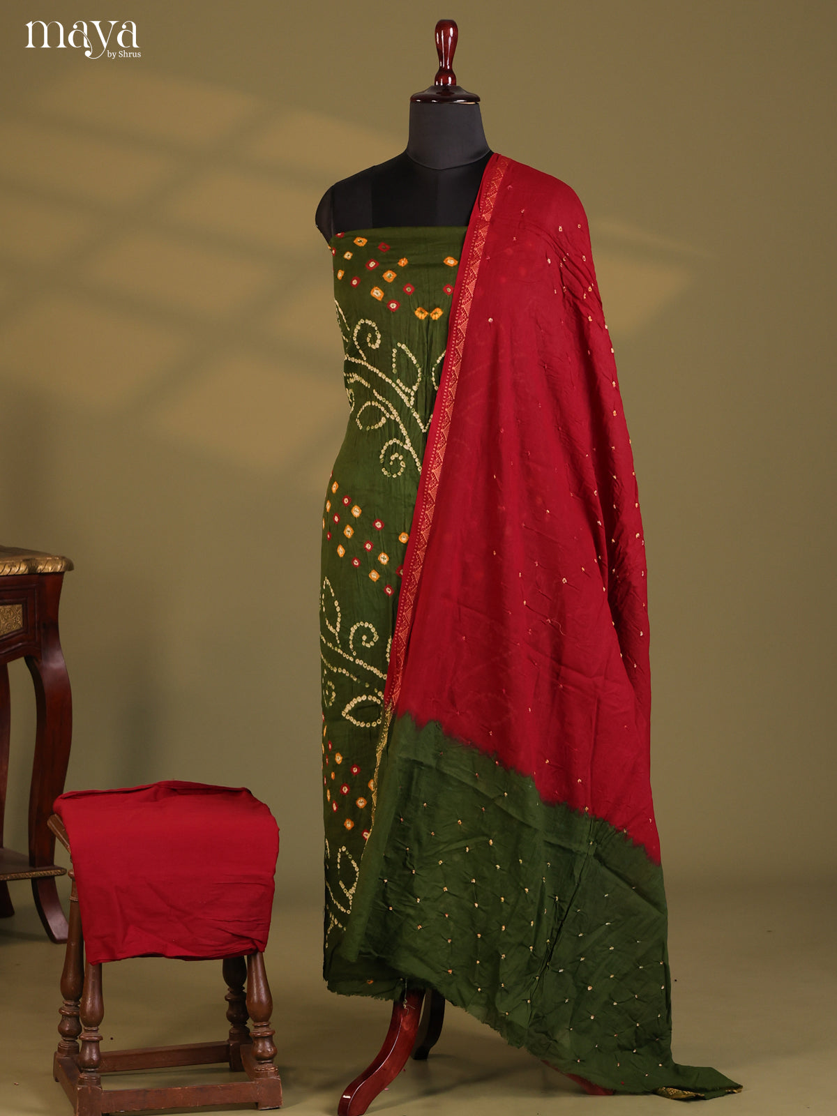 Green & Maroon - Bandhini salwar Unstitch