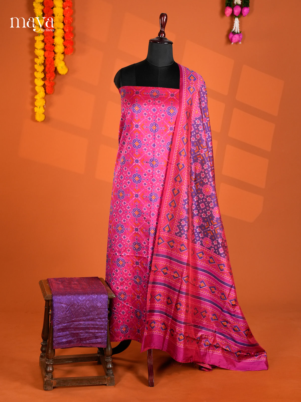 Elegant Pink & Purple Semi patola salwar unstitch with floral motifs -MEA12011