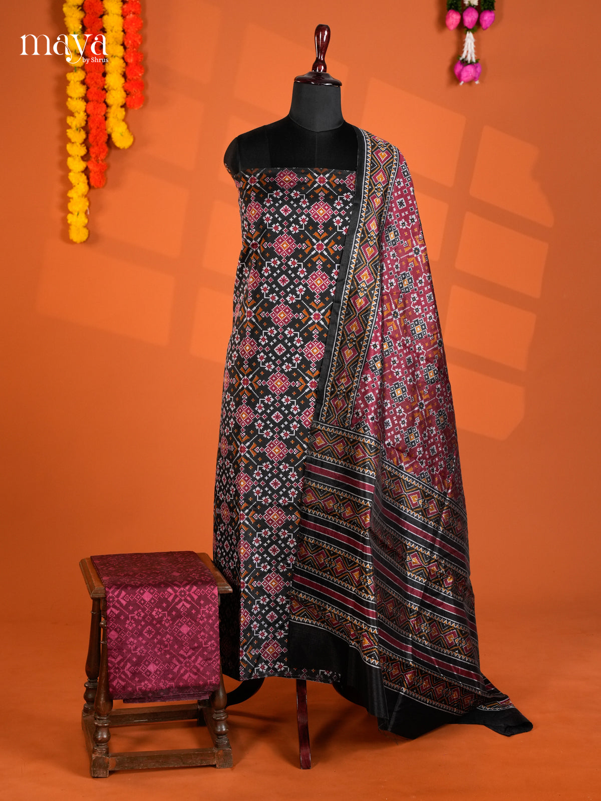 Black & Maroon Semi patola salwar unstitch with floral pattern -MEA12013