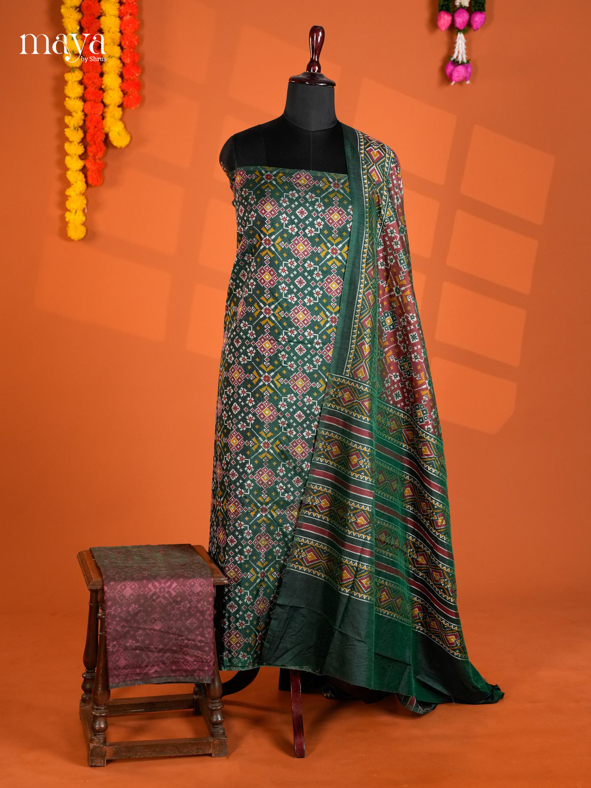 Classy Green & Maroon Semi patola salwar unstitch with floral motifs-MEA12014