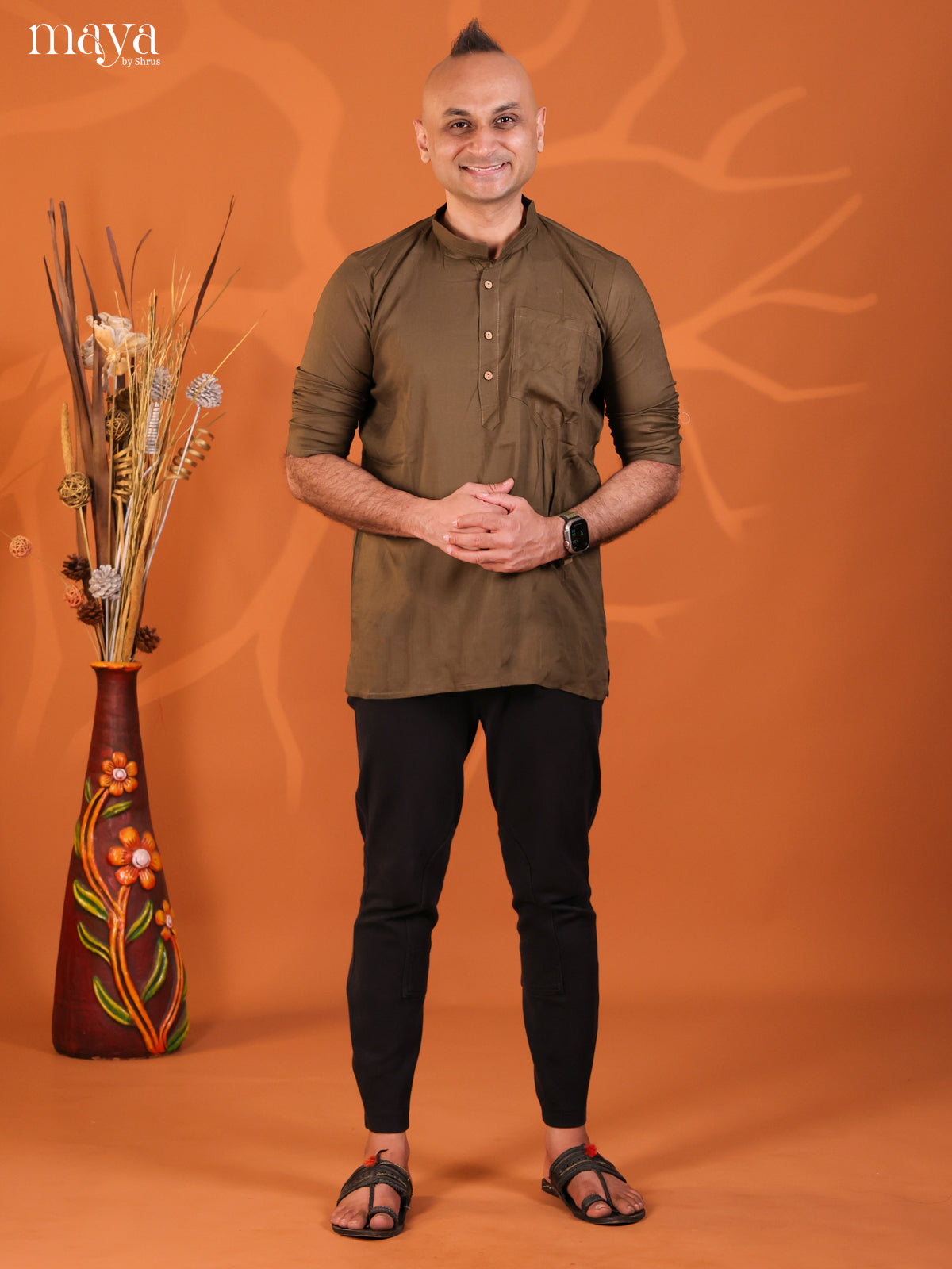 Classic Olive Green Rayon Solid Short Kurta For Men