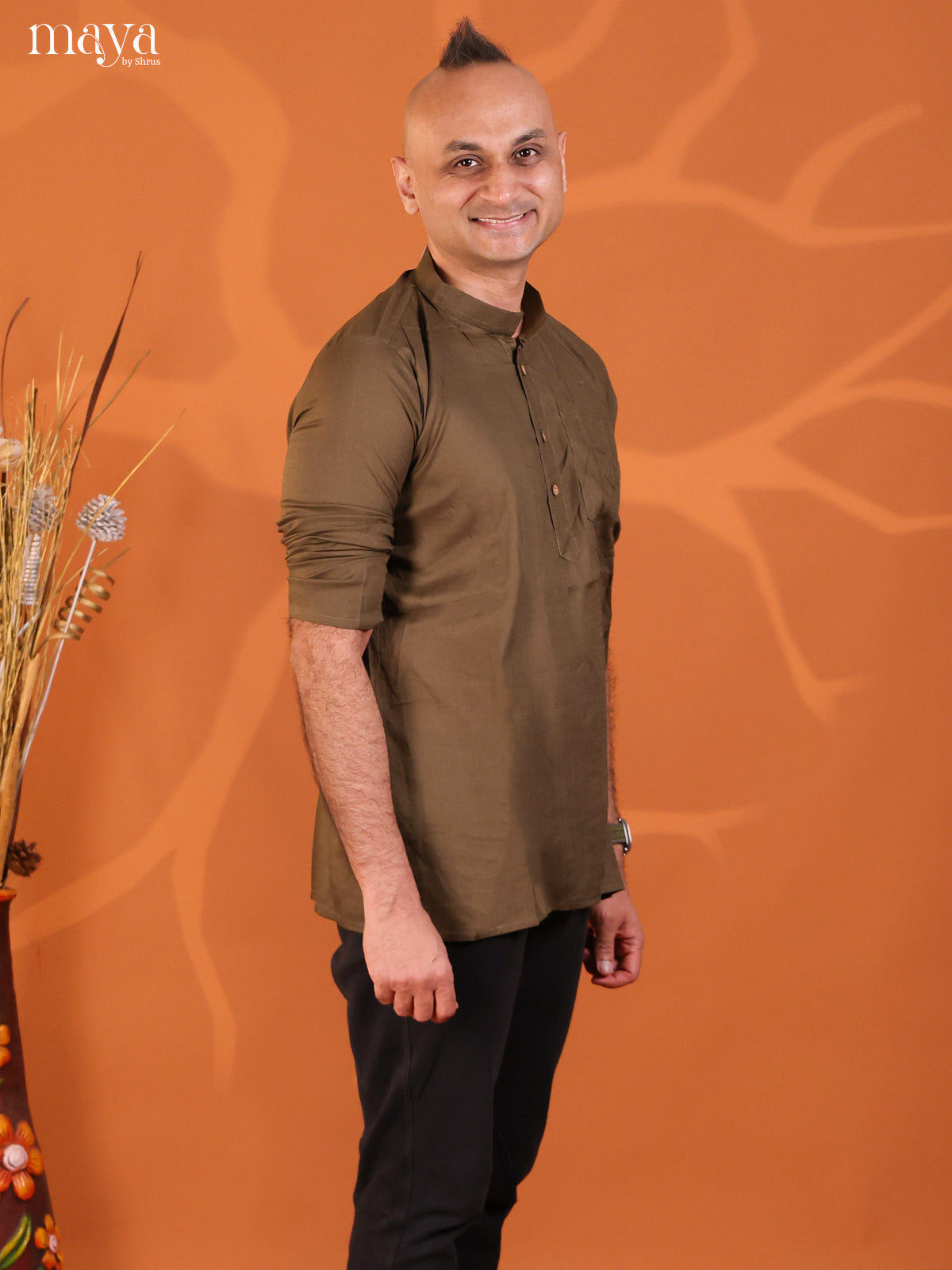Classic Olive Green Rayon Solid Short Kurta For Men