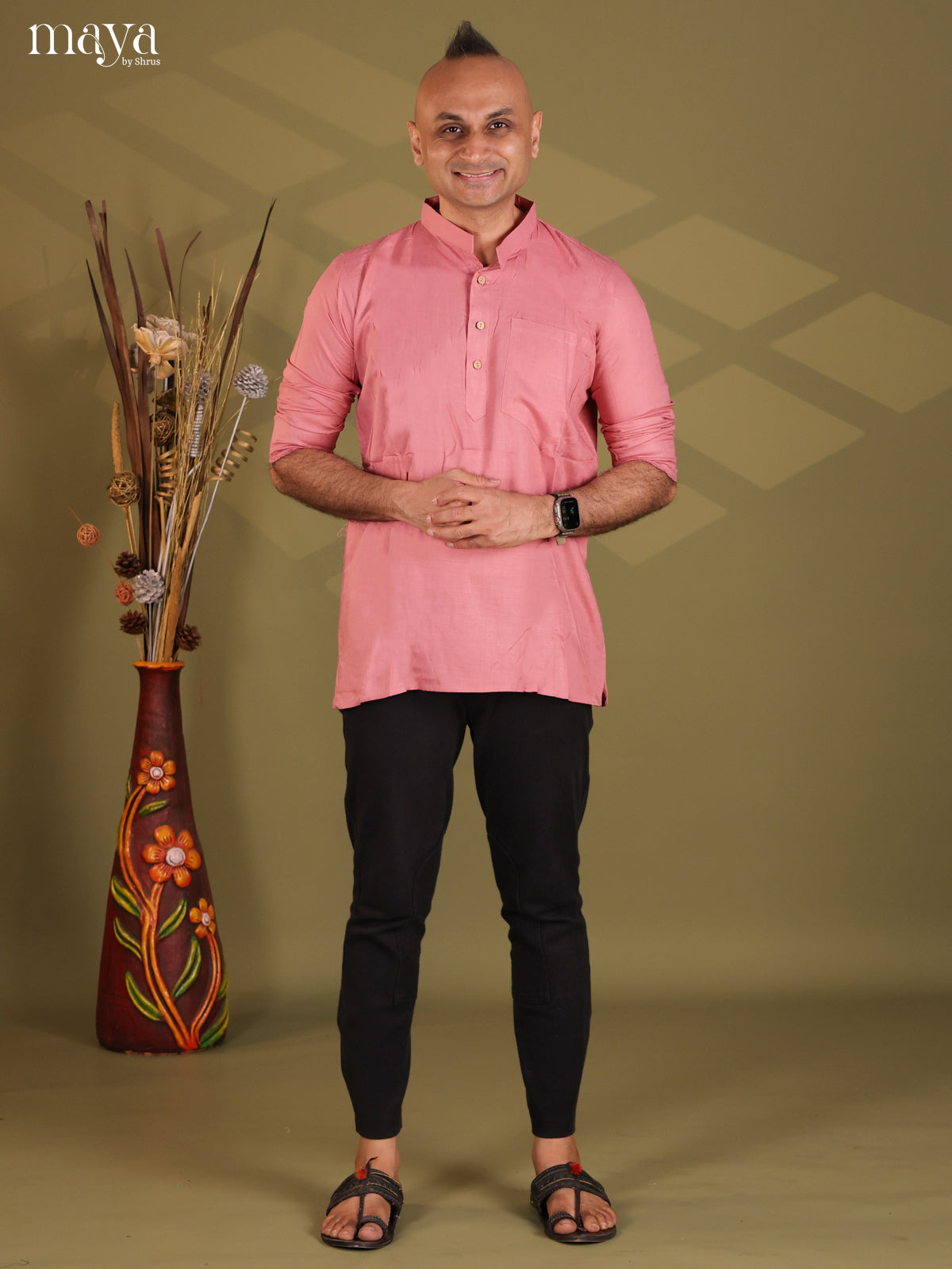 Classic Pastel Pink Rayon Solid Kurta For Men