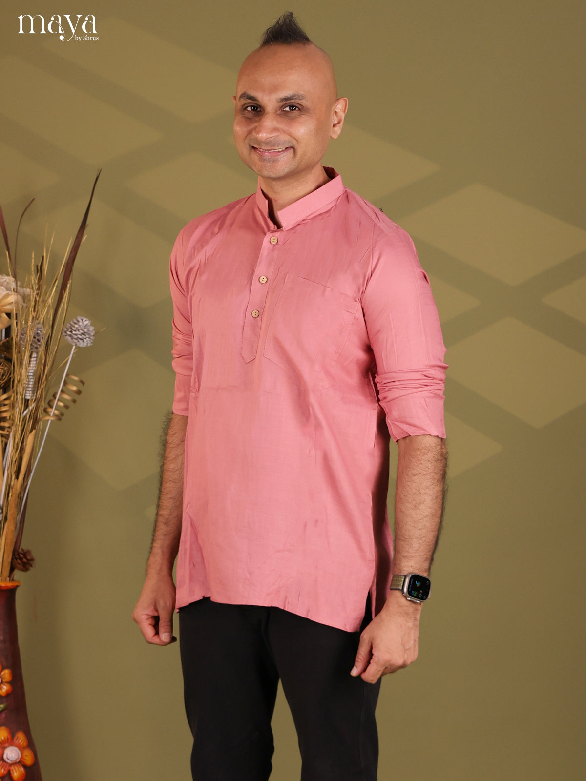 Classic Pastel Pink Rayon Solid Kurta For Men