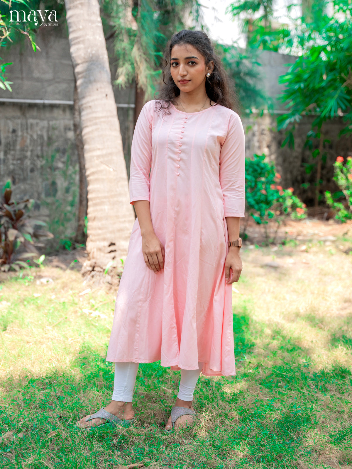 Baby Pink Solid Rayon Cotton Anarkali Kurti