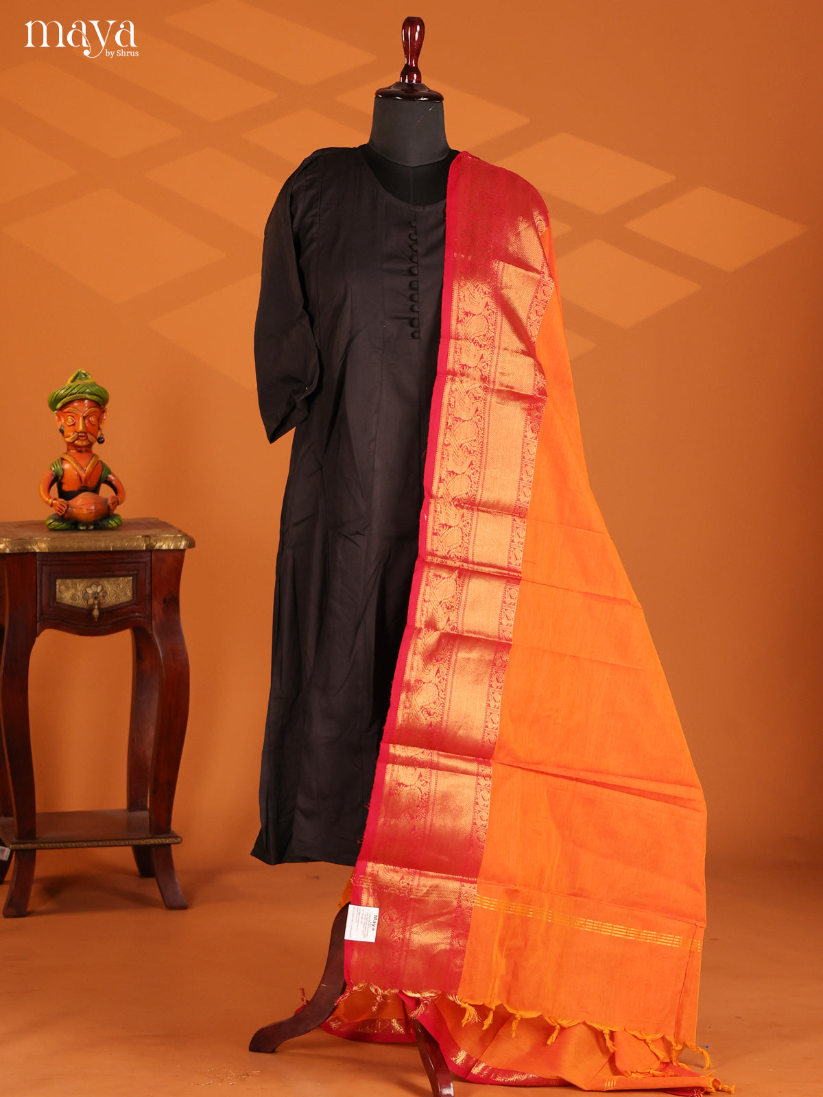Orange Chettinad Cotton Dupatta with red zari border