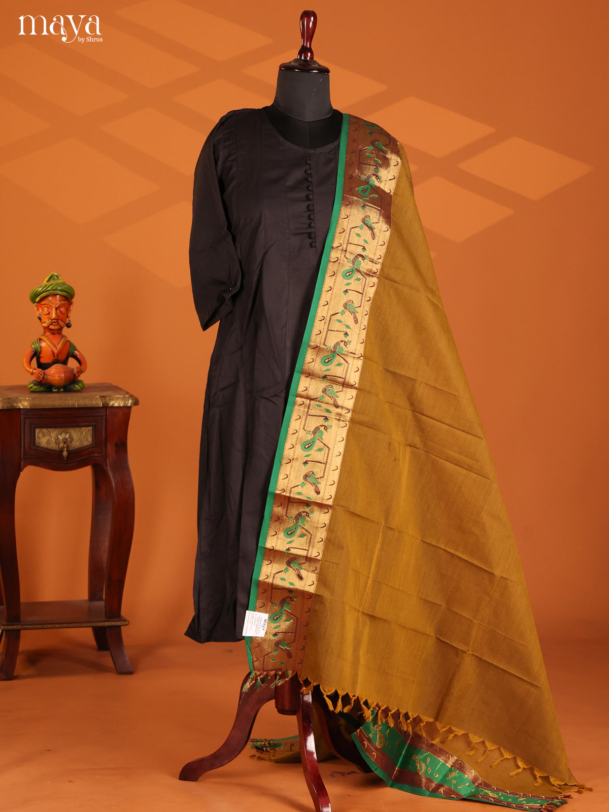 Mehandi Chettinad Cotton Dupatta with Green paithani zari border