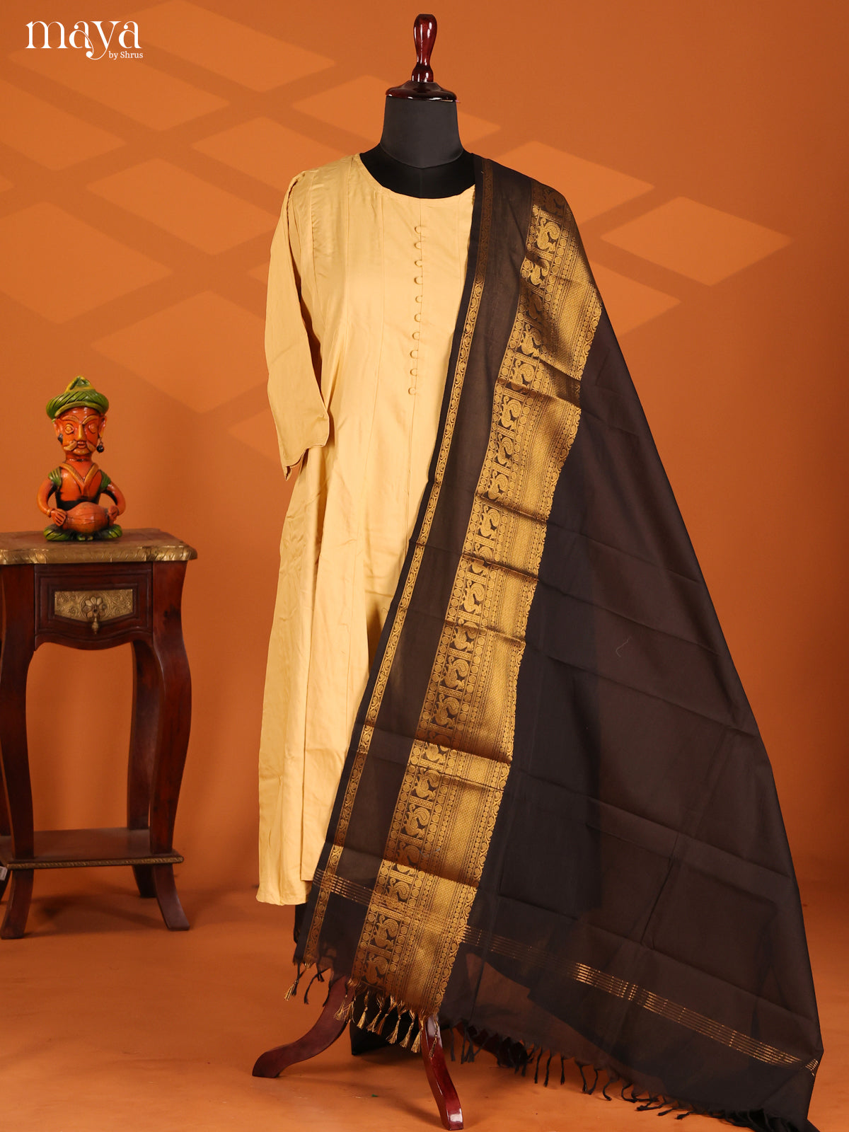 Black Chettinad Cotton Dupatta with self zari border