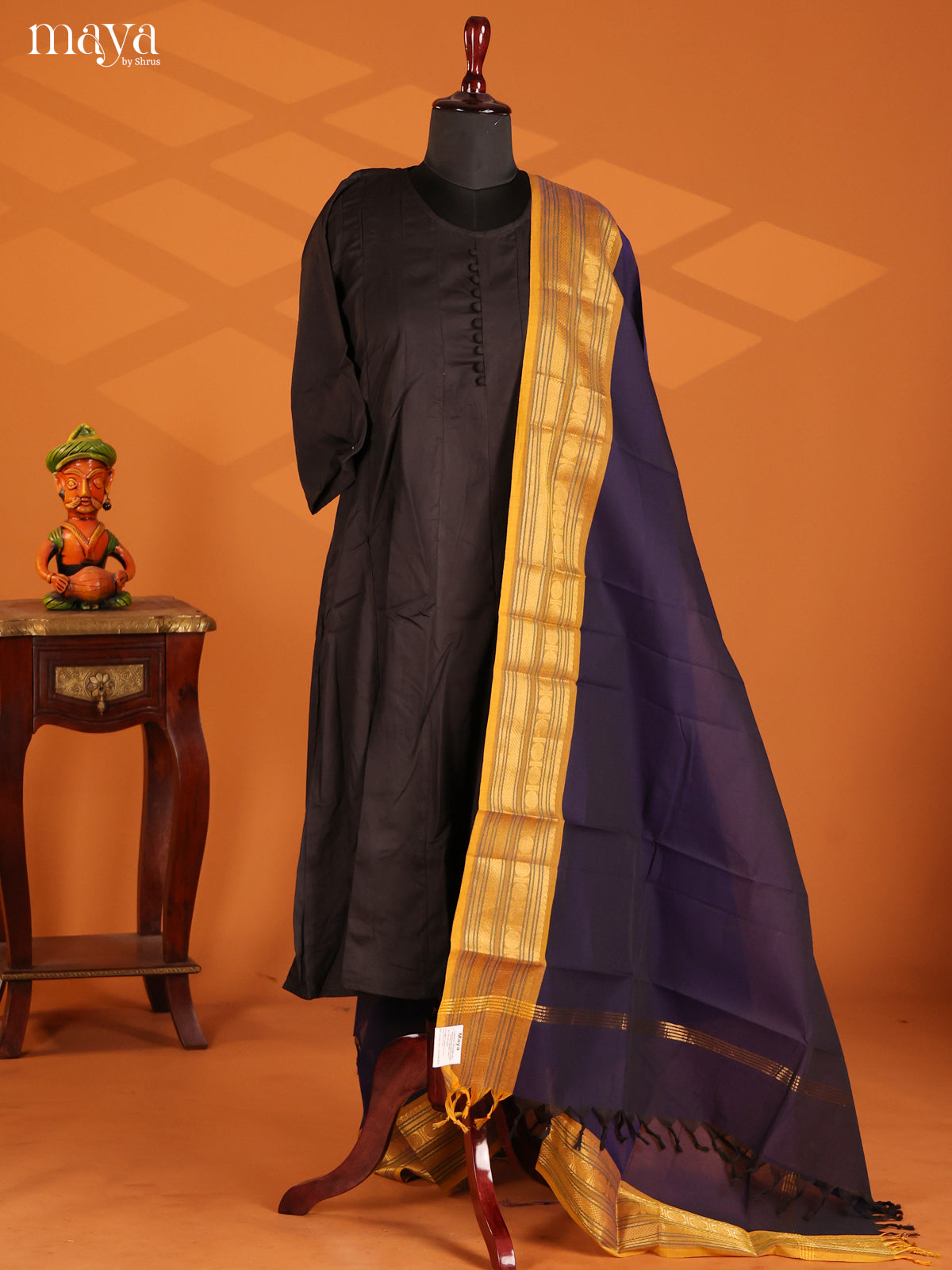 Blue Chettinad Cotton Dupatta with Mustard contrast zari border