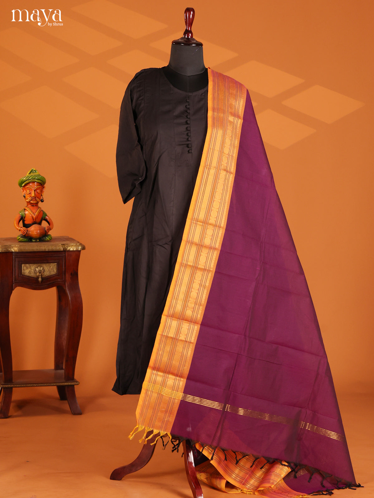 Purple Chettinad Cotton Dupatta with orange zari border