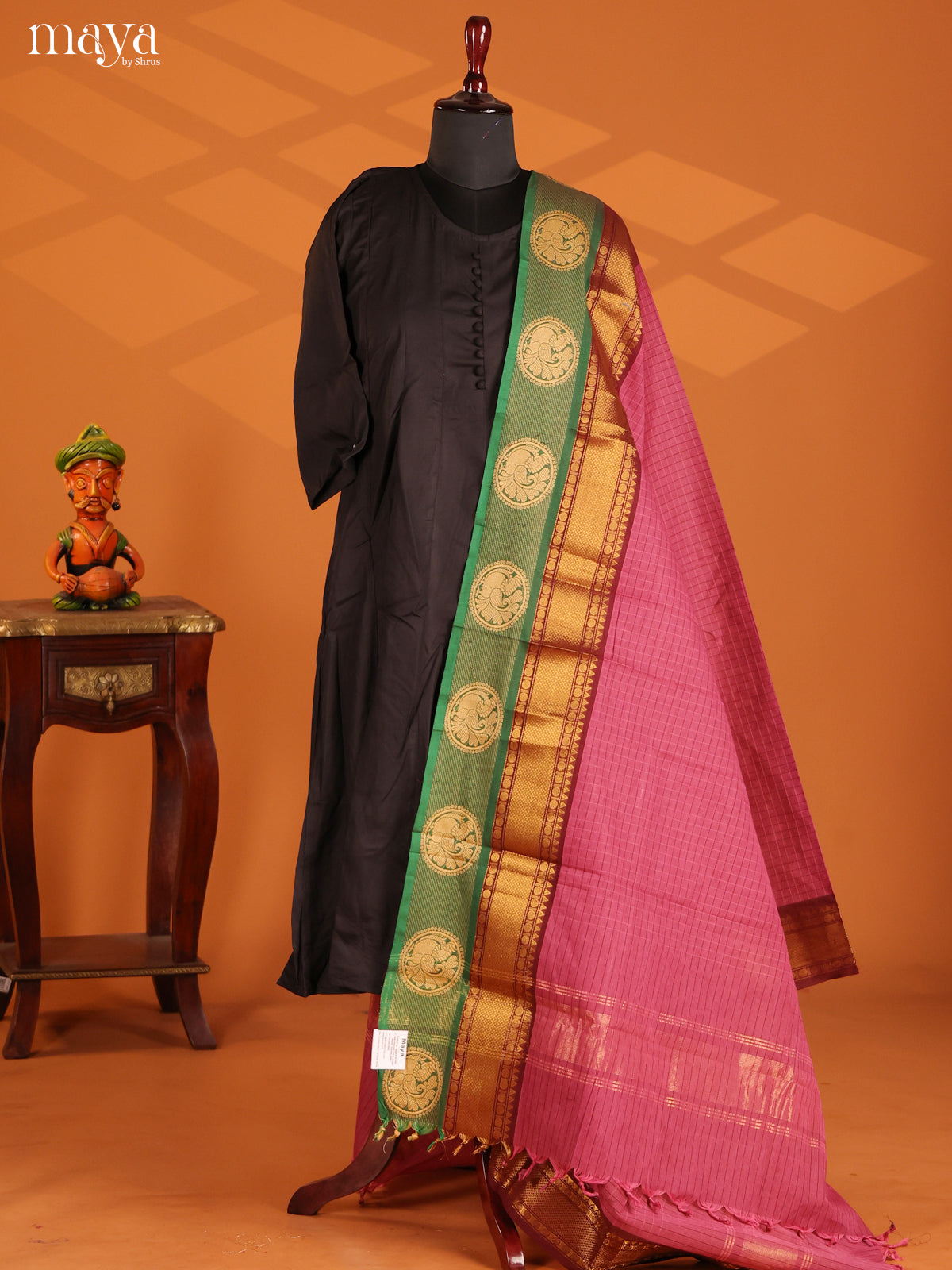 Pink Chettinad Cotton Dupatta with checks pattern & Green Zari Border