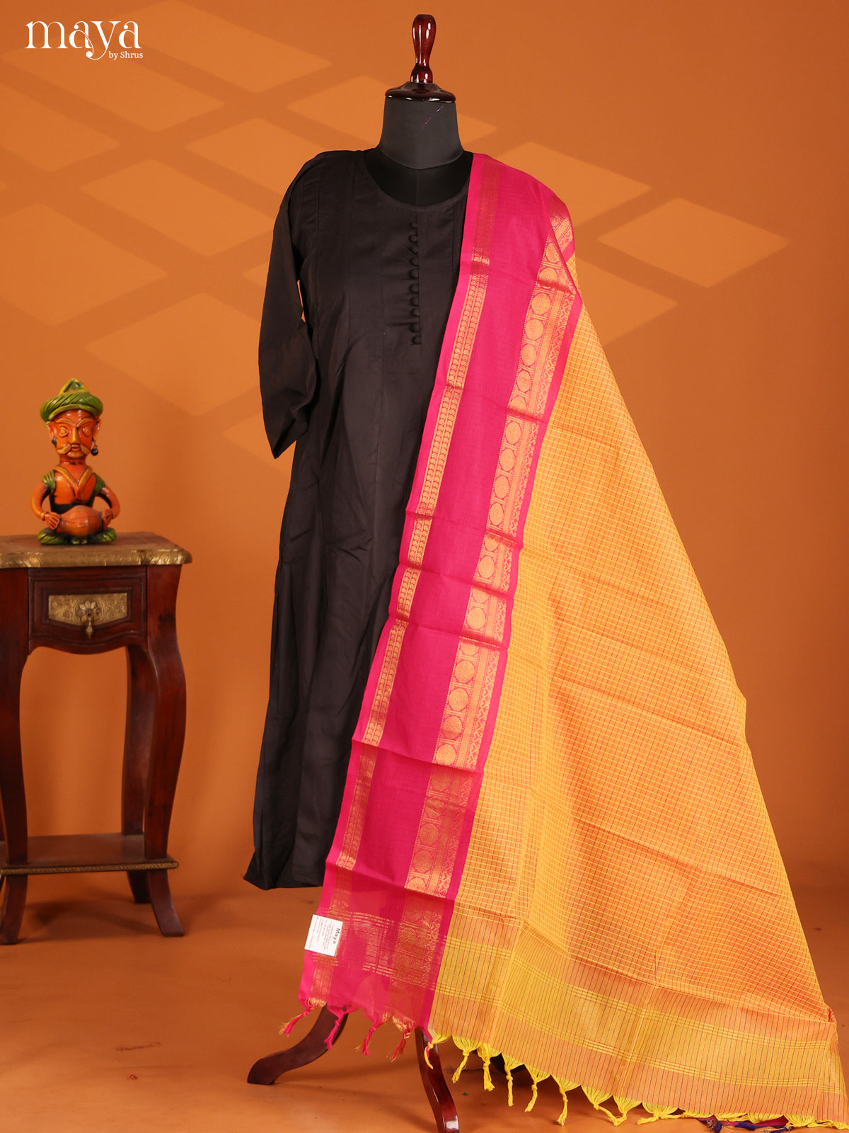 Mustard Chettinad Cotton Dupatta with checks pattern, ganga jamuna zari border