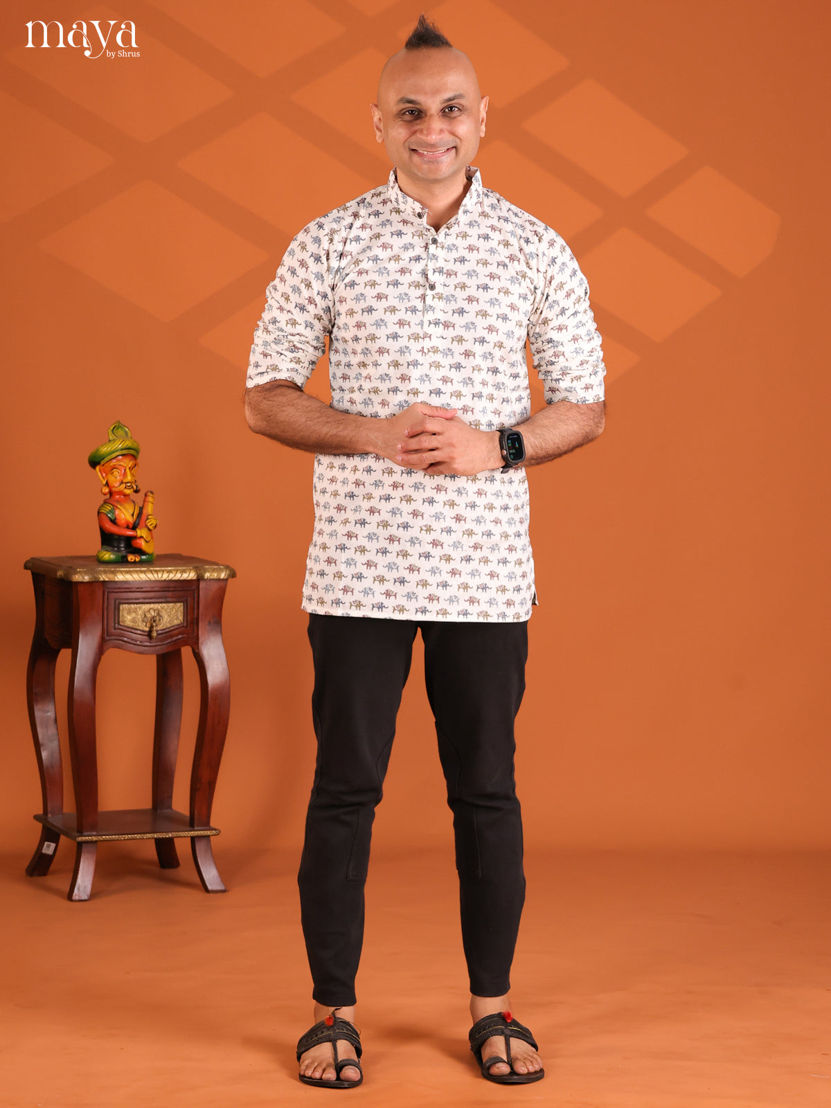 White Cotton Elephant Printed Short Men Kurta