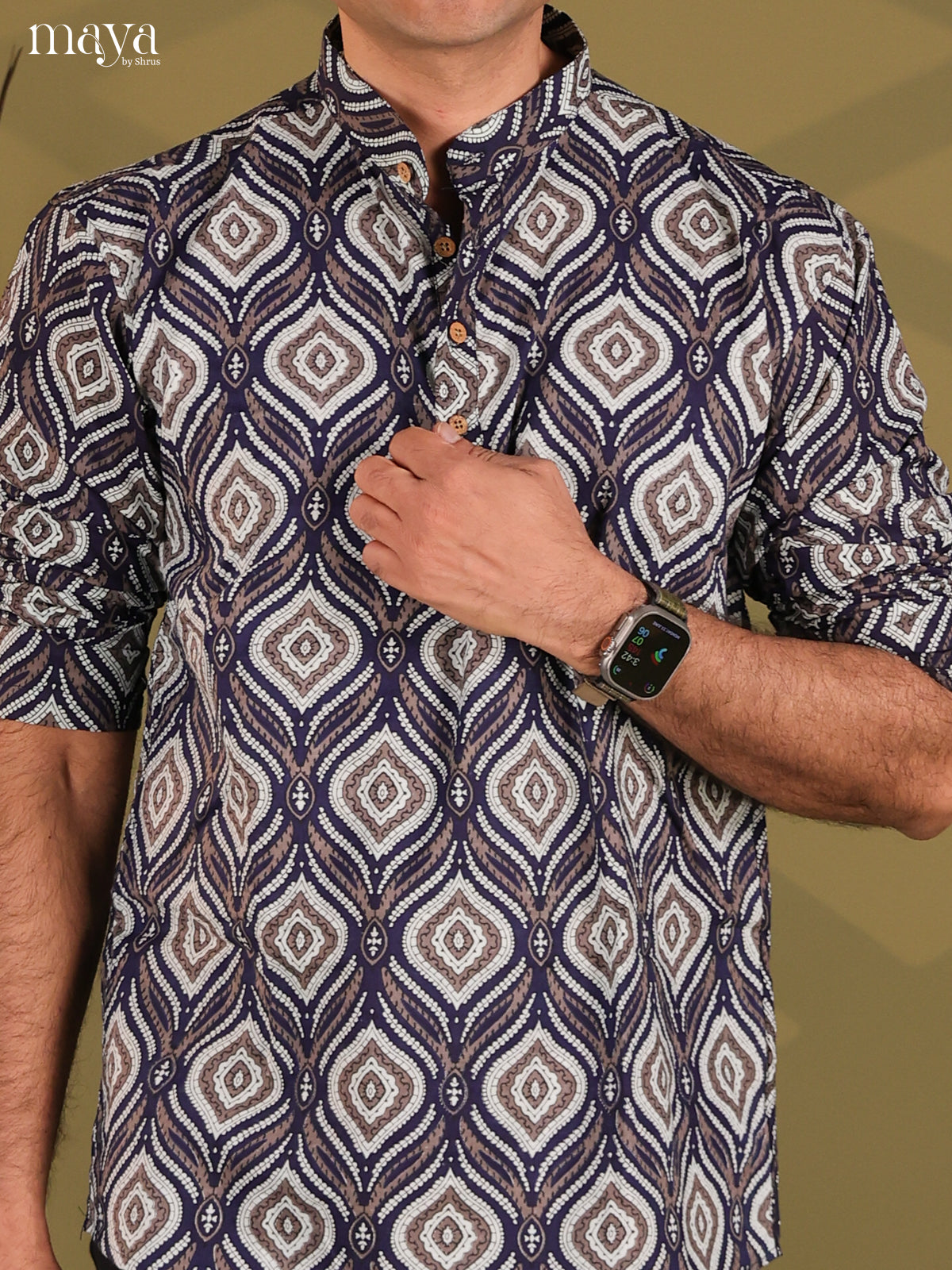 Ethnic Navy Blue Cotton Kurta For Men With Geometric Motifs