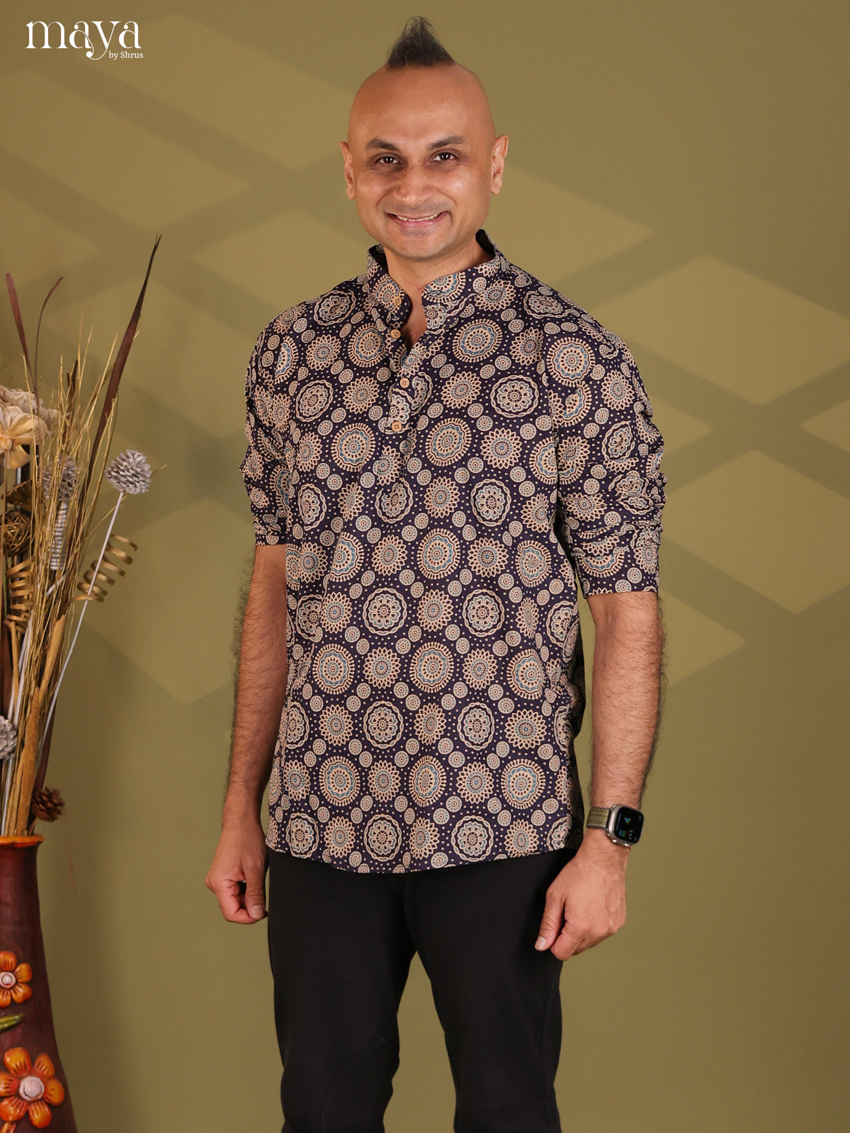 Elegant Black Cotton Kurta For Men With Ajrakh Prints