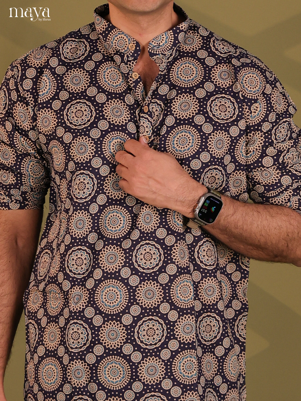 Elegant Black Cotton Kurta For Men With Ajrakh Prints