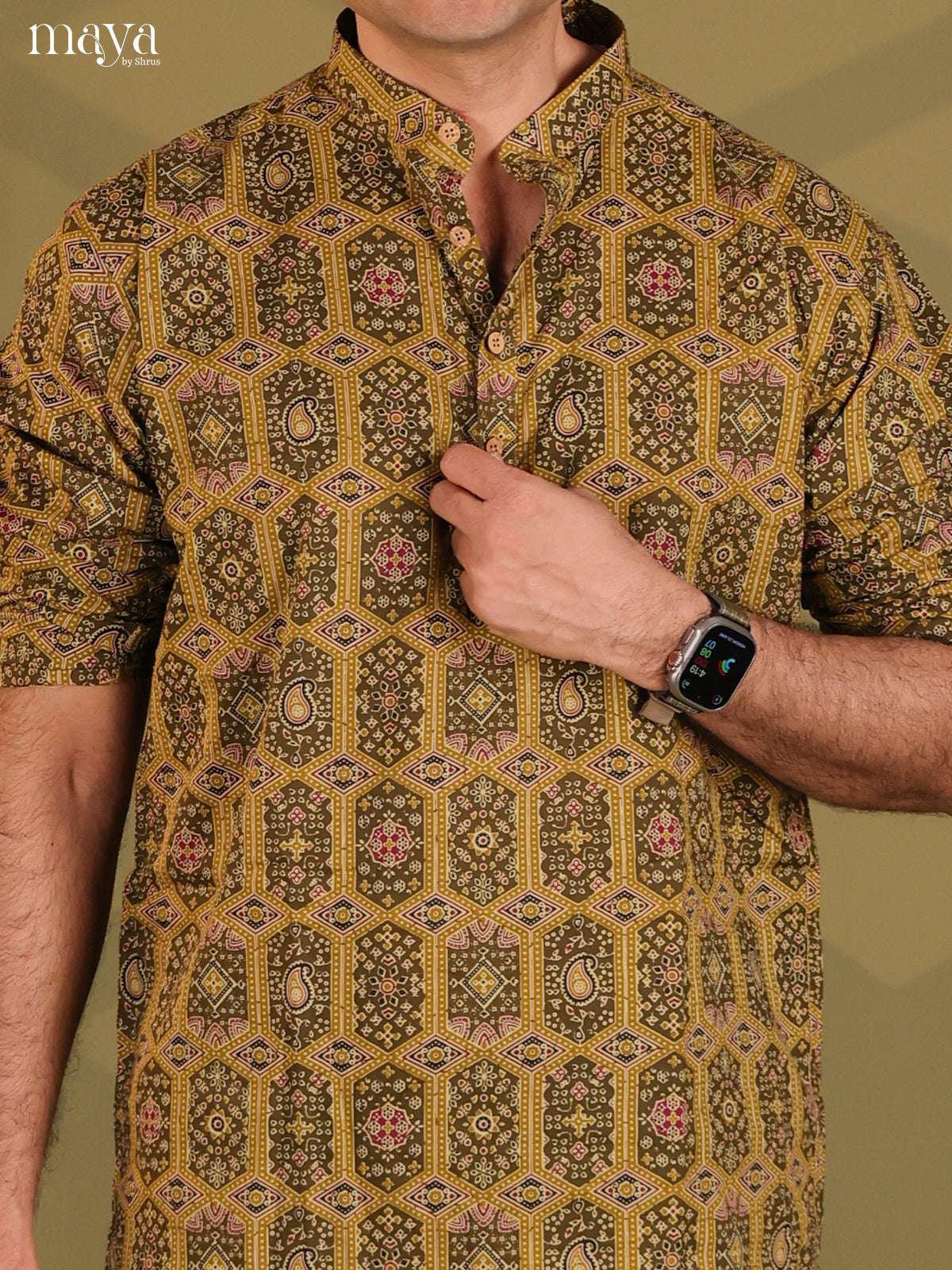 Army Green Cotton Printed Short Men Kurta