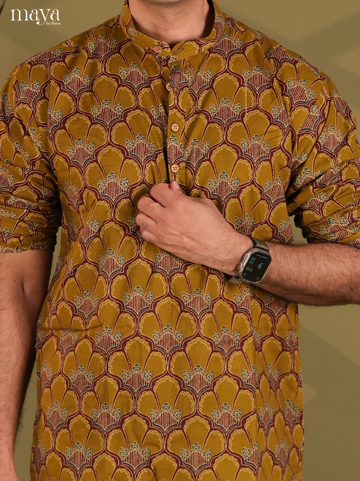 Mustard Yellow Cotton Block Print Short Men Kurta
