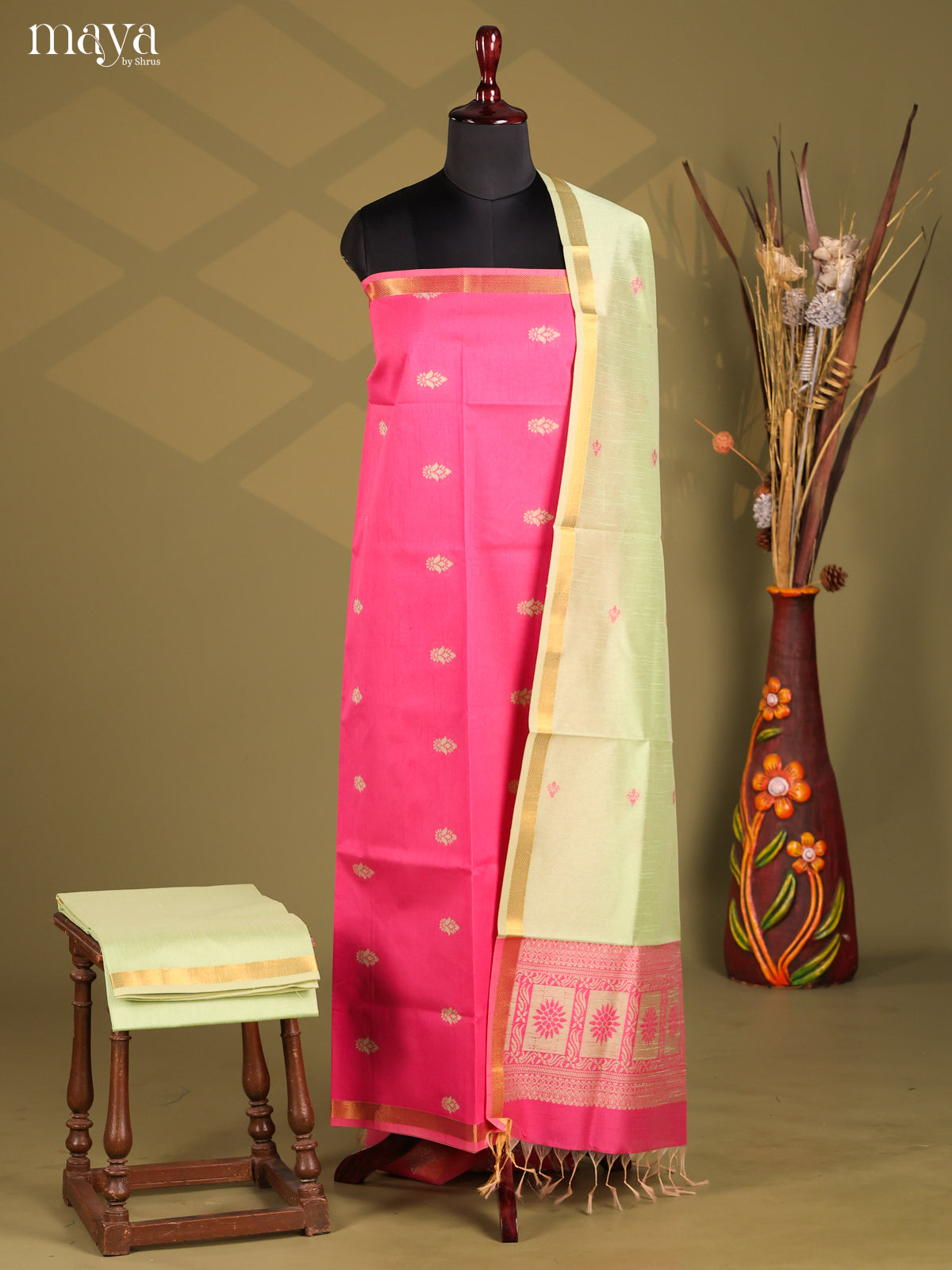 Pink & Light Green- Semi rawsilk salwar